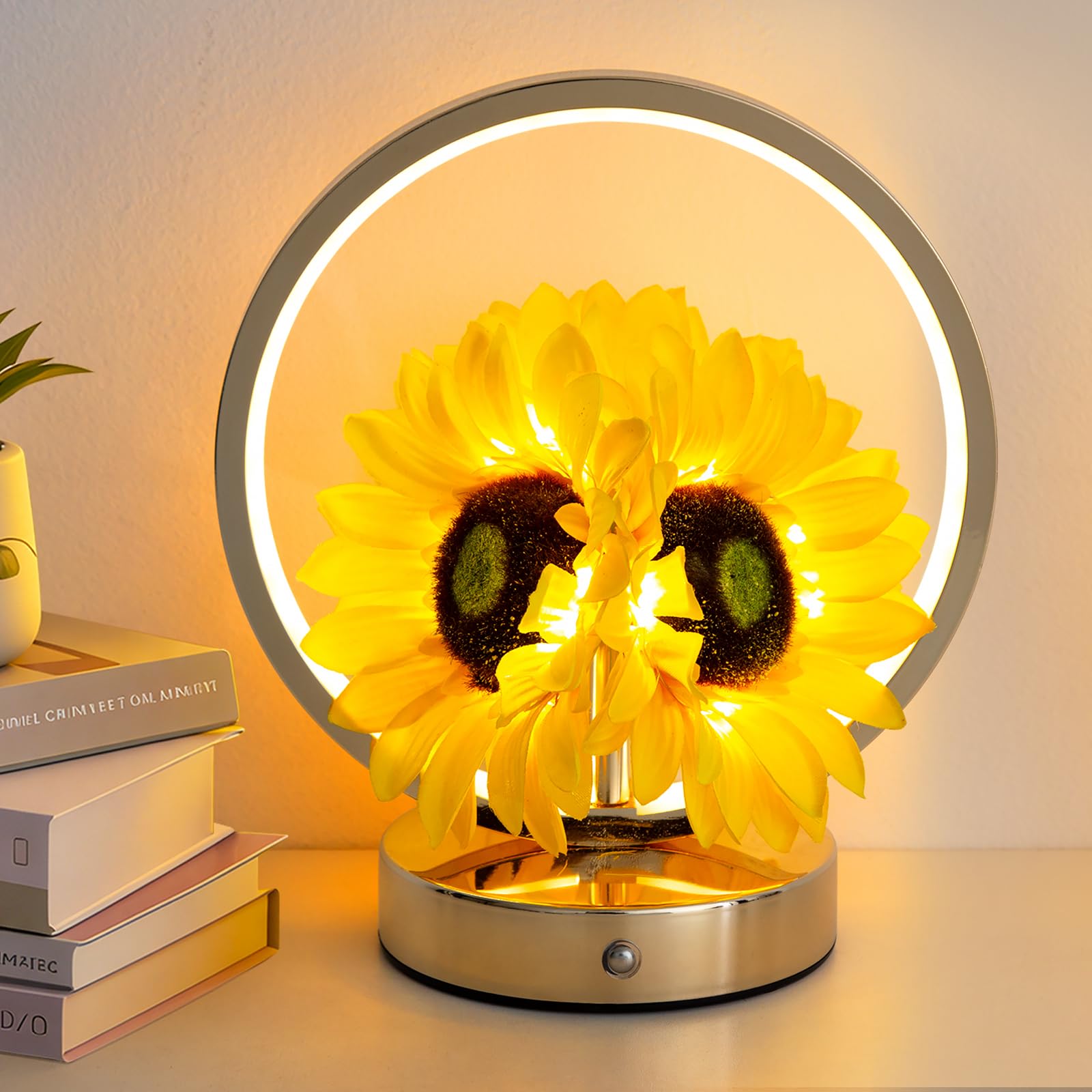 JHXLAMP Sunflower Birthday Gifts for Women Mom Sunflowers Flower Touch Lamp Rechargeable Cordless 3 Way Dimmable Small Night Light for Living Room Bedroom Office Home Decor Thank You Gifts-Yellow