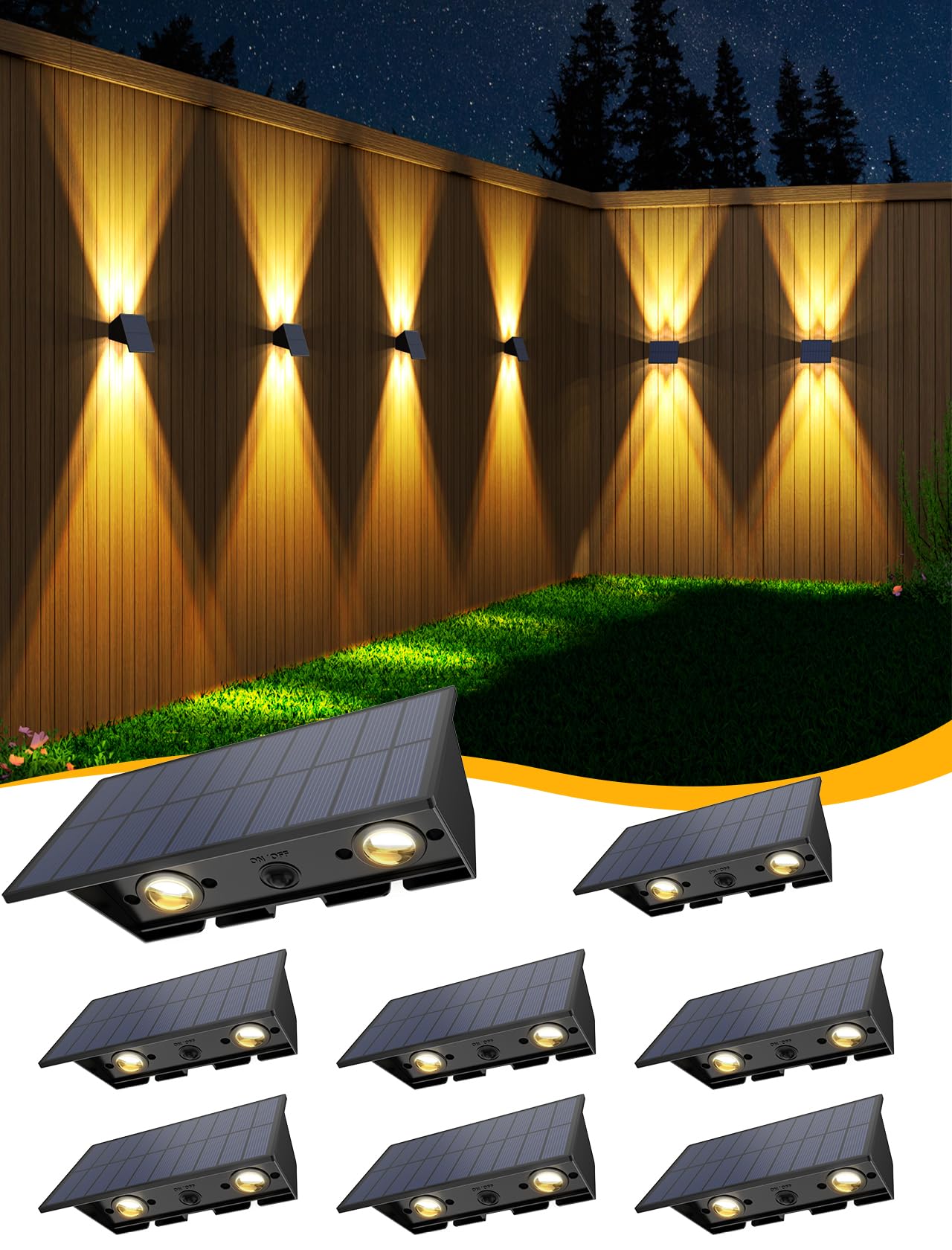 Solar Fence Lights,8Pack Solar Lights Outdoor Warm White Up & Down Solar Wall Lights Waterproof 100 Lumens Dusk to Dawn Solar Po