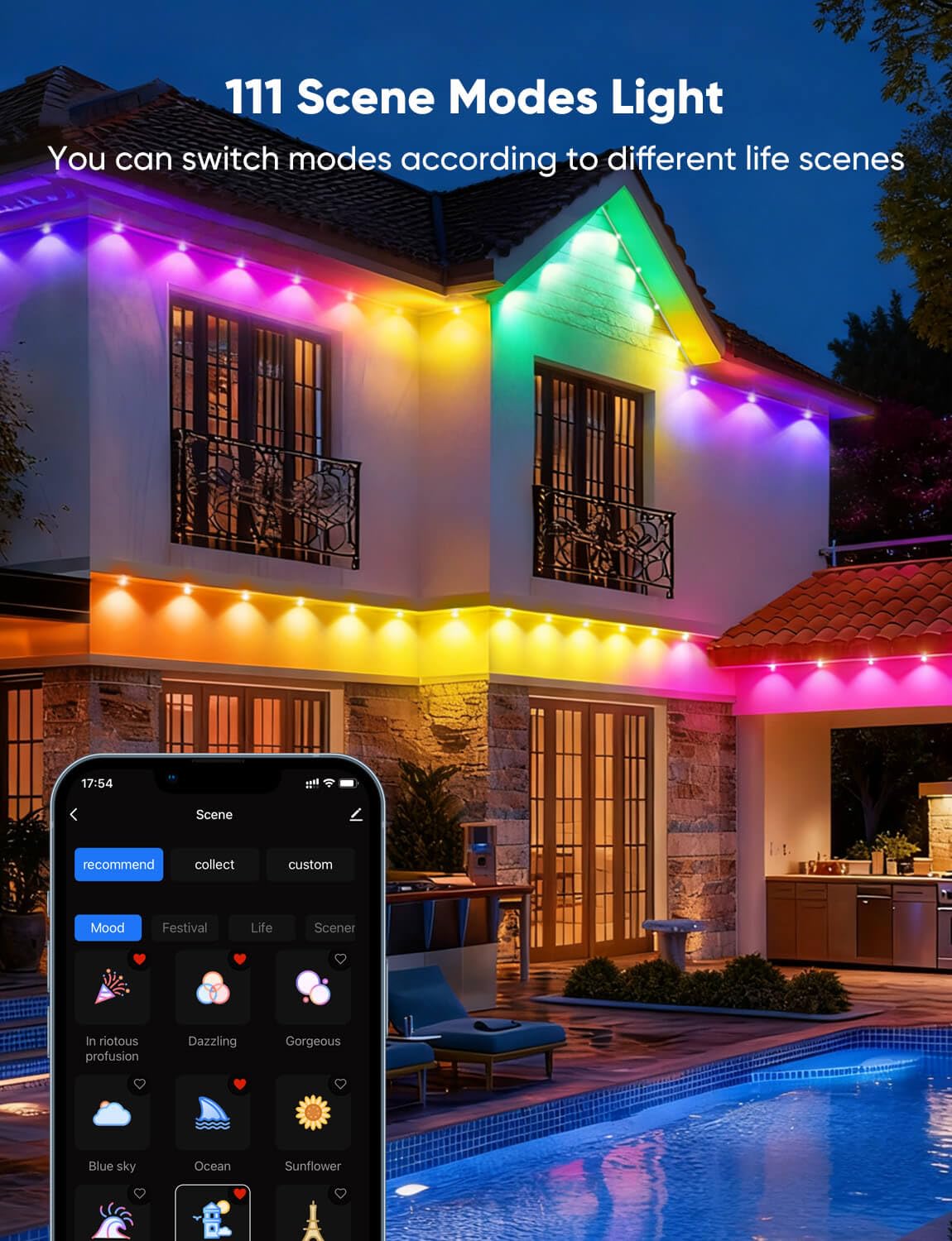 APPECK 400FT Permanent Outdoor LED Lights, 288 RGBW Eaves Lights, IP67 Waterproof, DC 36V, Model C5111-D, White