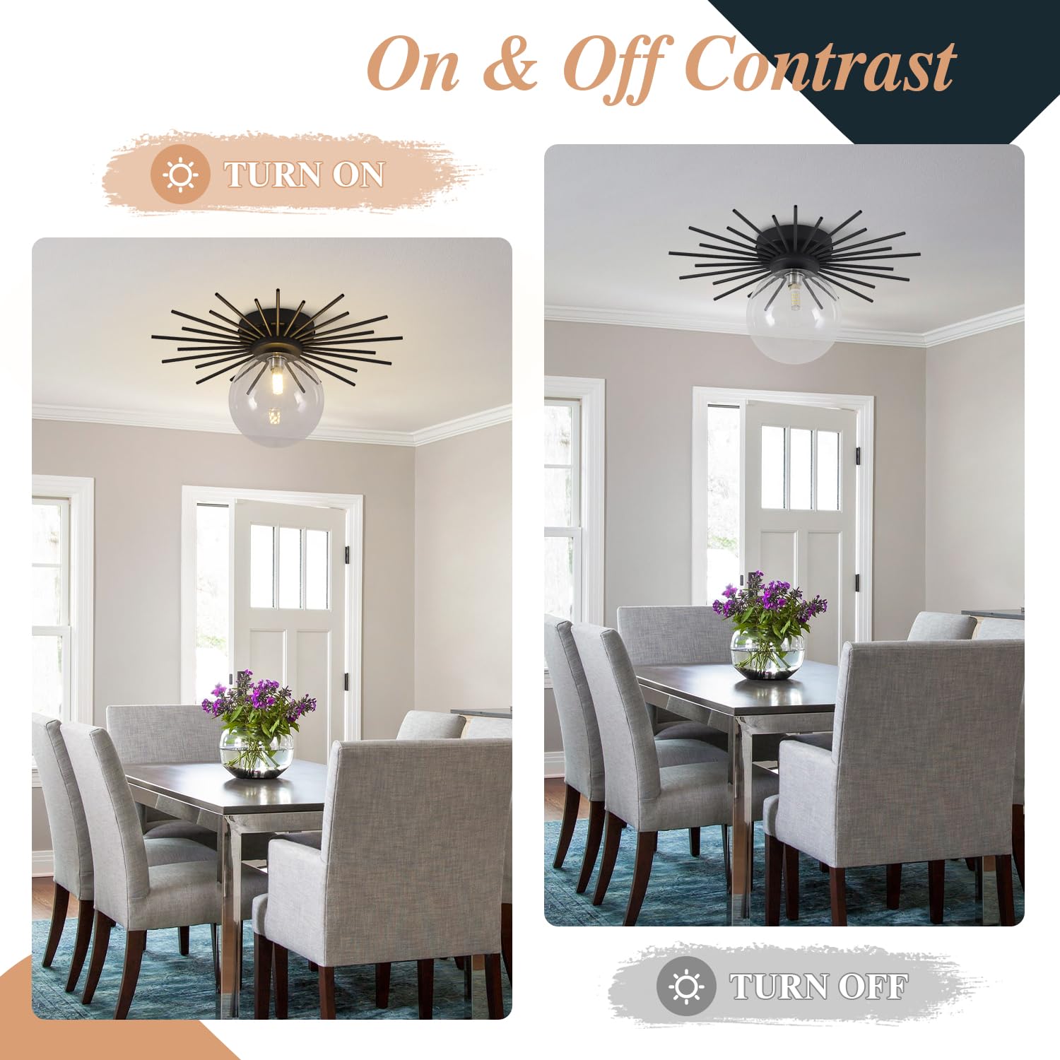 Bokt Black Semi Flush Mount Ceiling Light - Small Clear Globe Glass Ceiling Fixture - Modern Mid Century Retro Ball Hallway Vint