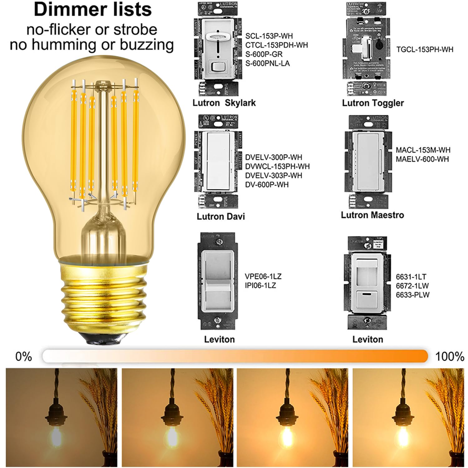 Leools A15 LED Bulb 8W Dimmable E26 Edison Warm White 2700K Amber Glass Pack of 6