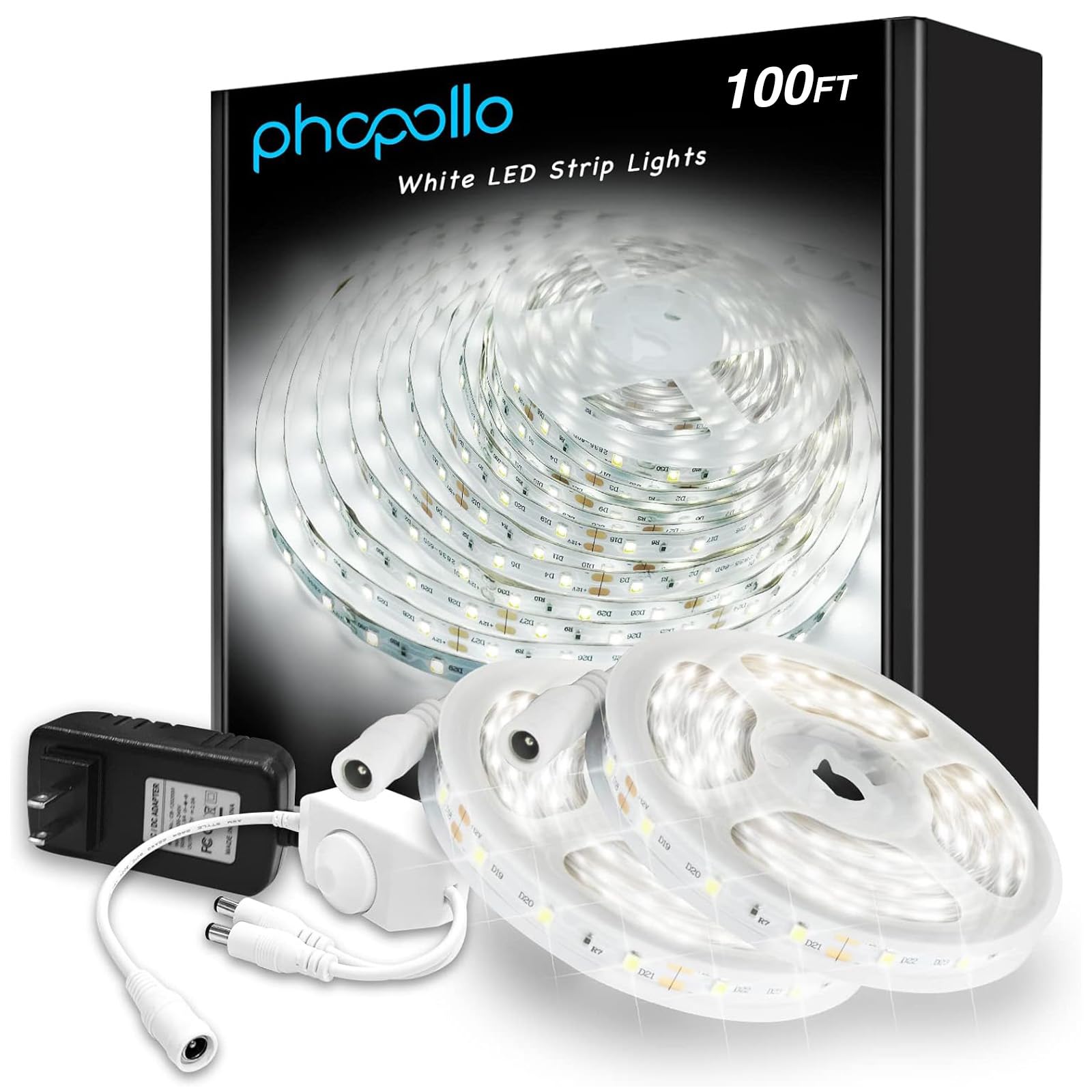 phopollo White LED Strip Lights, 100ft (2 Rolls of 50ft) Dimmable 6500k Daylight White Led Light Strip, 1800 LEDs Flexible Led L