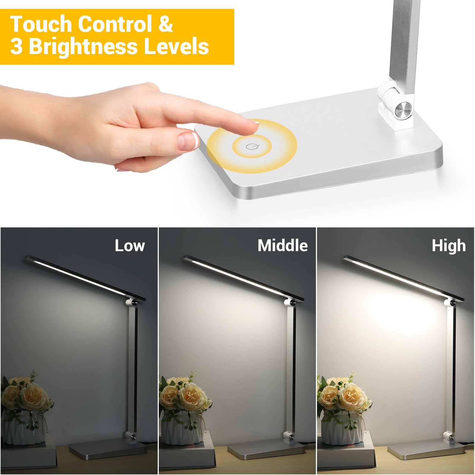 Led Desk Lamp For Home Office, 3 Levels Dimmable Desk Light With Usb Charging Port, Small Study Lamp, Reading Light For Table, S