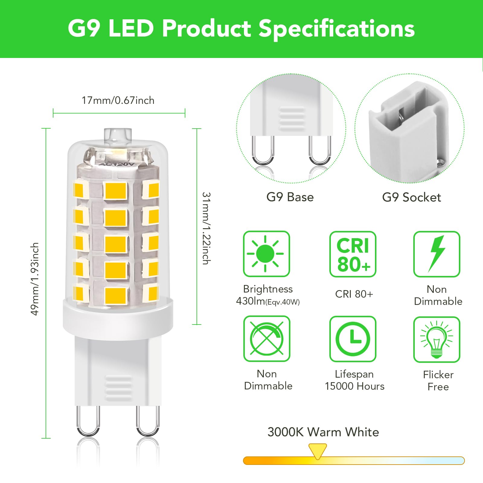 Bubo G9 Led Bulb 3000K Warm White 430 Lumens, 3W Equivalent 40W T4 G9 Halogen Replacement, 360Beam Angle 120V Non-Dimmable No-Fl