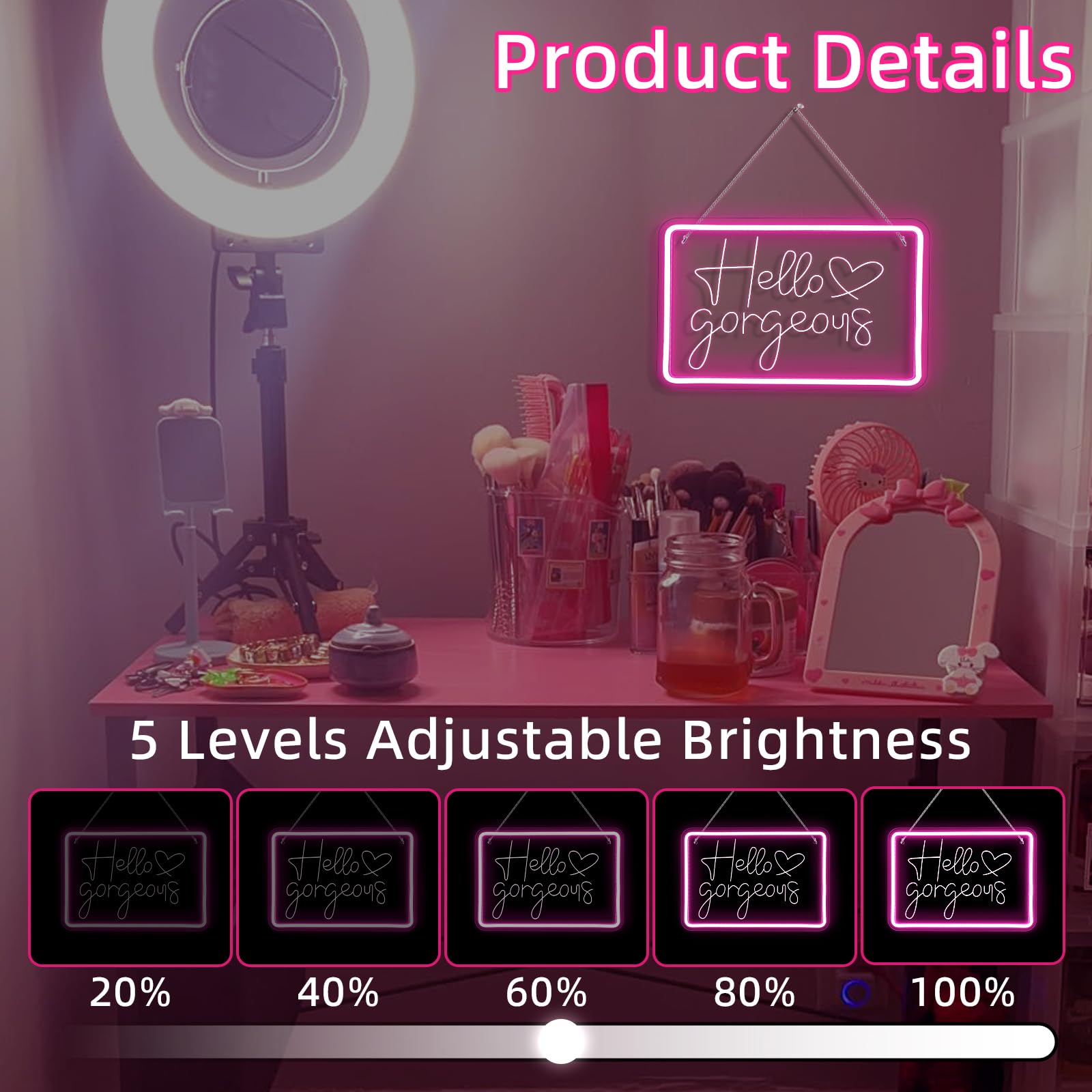 LUCUNSTAR Neon Sign, LED Wall Decor, Dimmable USB Light, 50cm, Pink, inHello Gorgeousin