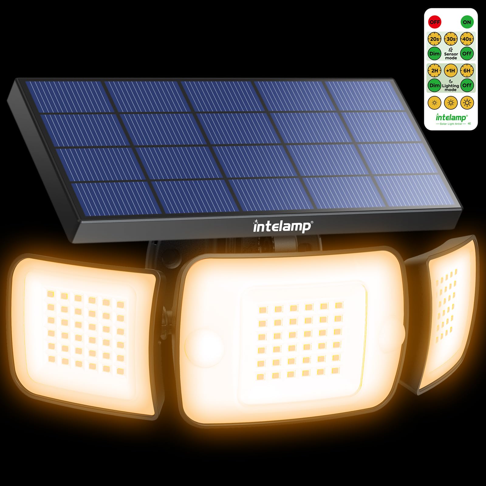 intelamp Solar Flood Light, 1200LM Dual Motion Sensor, Waterproof, Warm Light 1 Pack, Black, Model YL002-12C