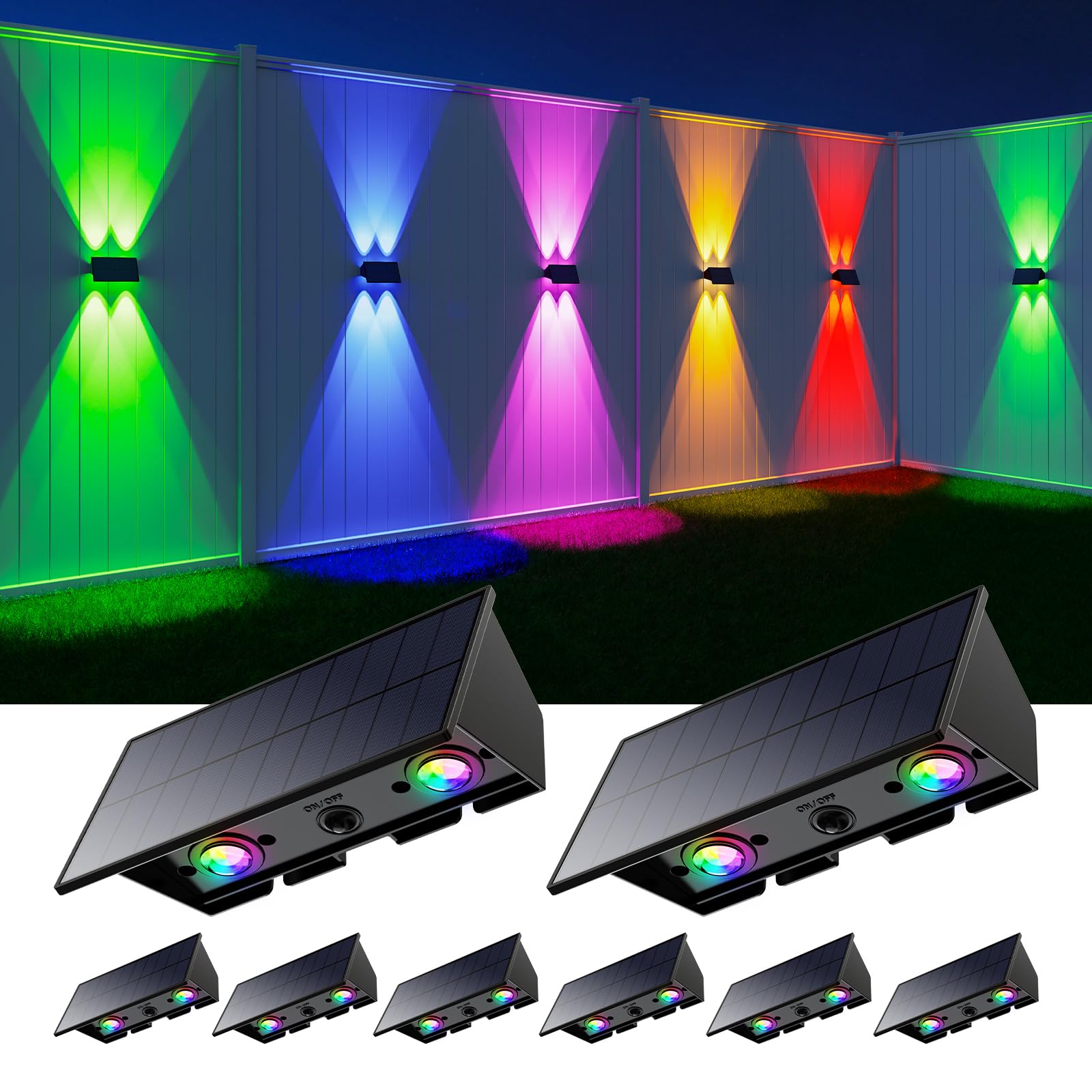 8 Pack RGB Solar Powered Wall Lights Outdoor Color Changing Up and Down Fence Mount LED Decorative Waterproof Lamps for Deck, Po