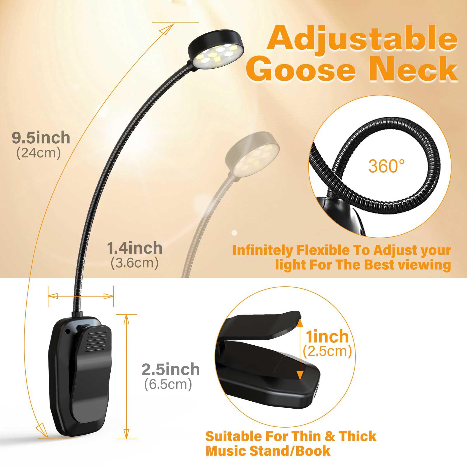 KTEBO Rechargeable Book Light - 10 LED, 3 Color Temperatures, 3 Brightness Levels, Lightweight Clip-On, Black, Model BHLBL-1