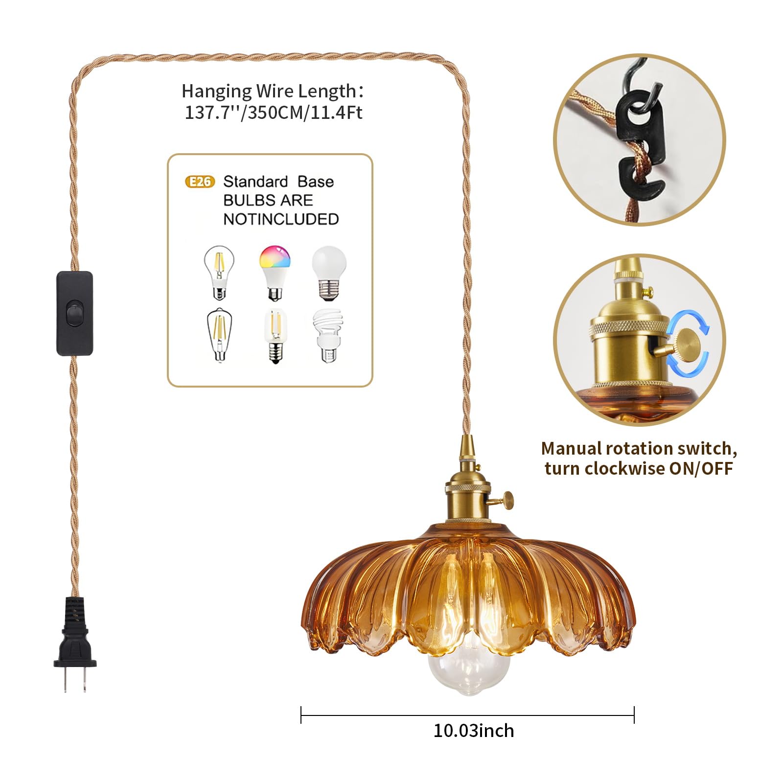 Beser·Win Pendant Light - Amber Glass Hanging Fixture with Plug-in Cord, Brown, E26 - Ideal for Kitchen Island, Bedroom, Dining Room