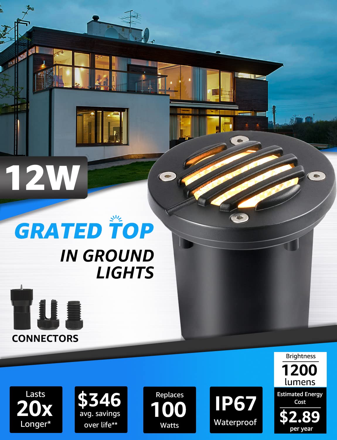 SUNVIE 12W Low Voltage LED Well Lights, Waterproof 3000K, Black, Model MDWG1206C, 6 Pack with Connectors for Outdoor Landscape Lighting