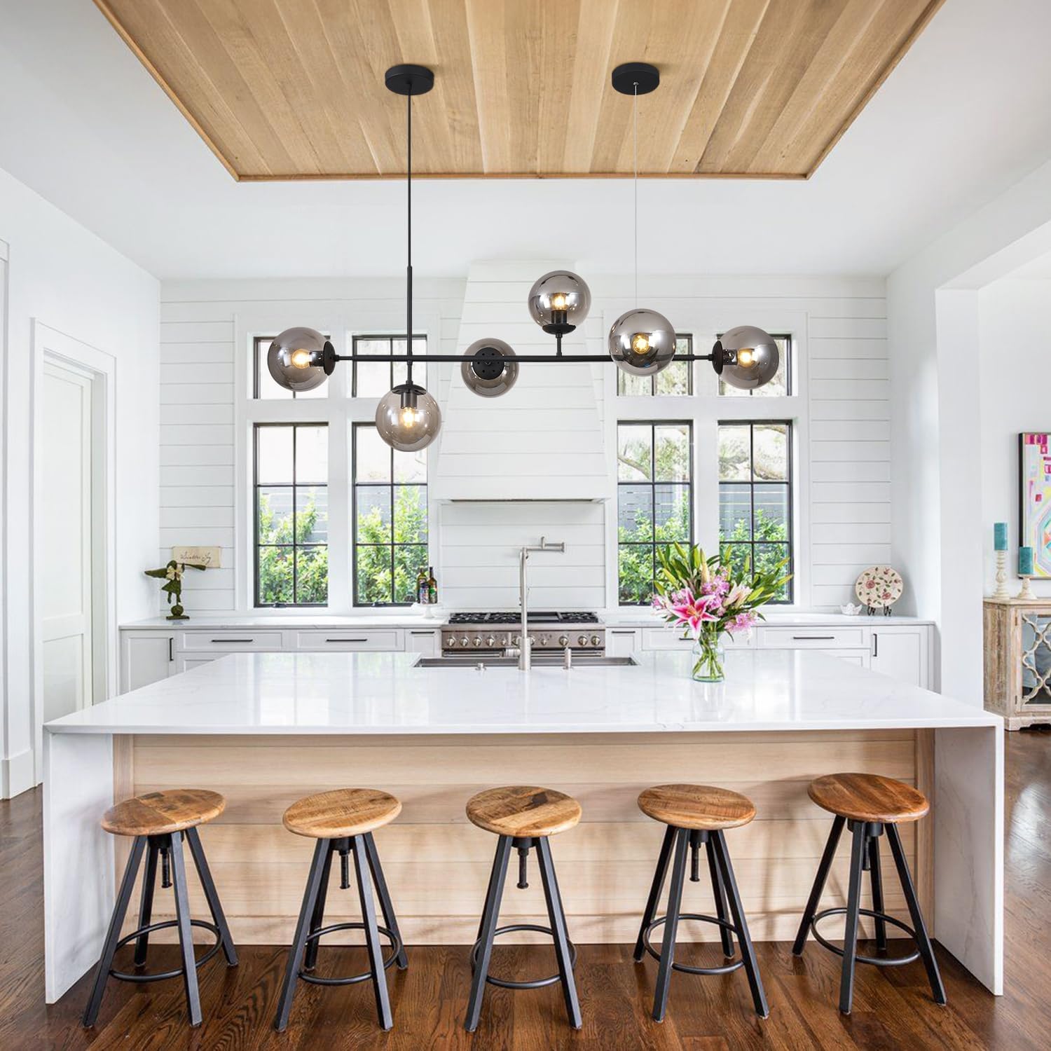 Kco Lighting 6-Light Mid Century Modern Rectangle Sputnik Chandelier Black Farmhouse Linear Chandelier Glass Globe Pendant Light