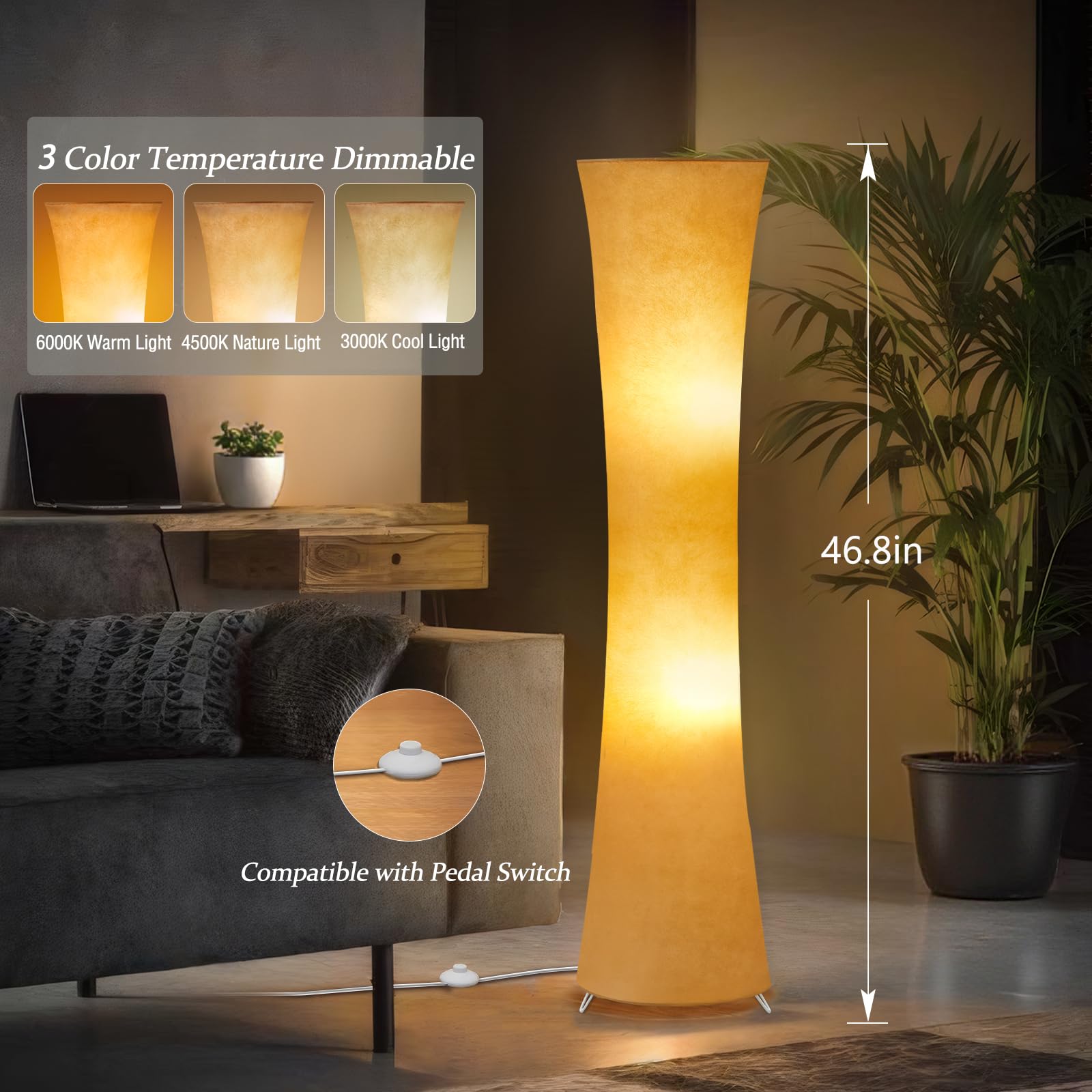 Gyrovu 46'' Modern Floor Lamps For Living Room, Led Column Standing Floor Lamp With 3 Color Temperature Adjustable & Fabric Lamp