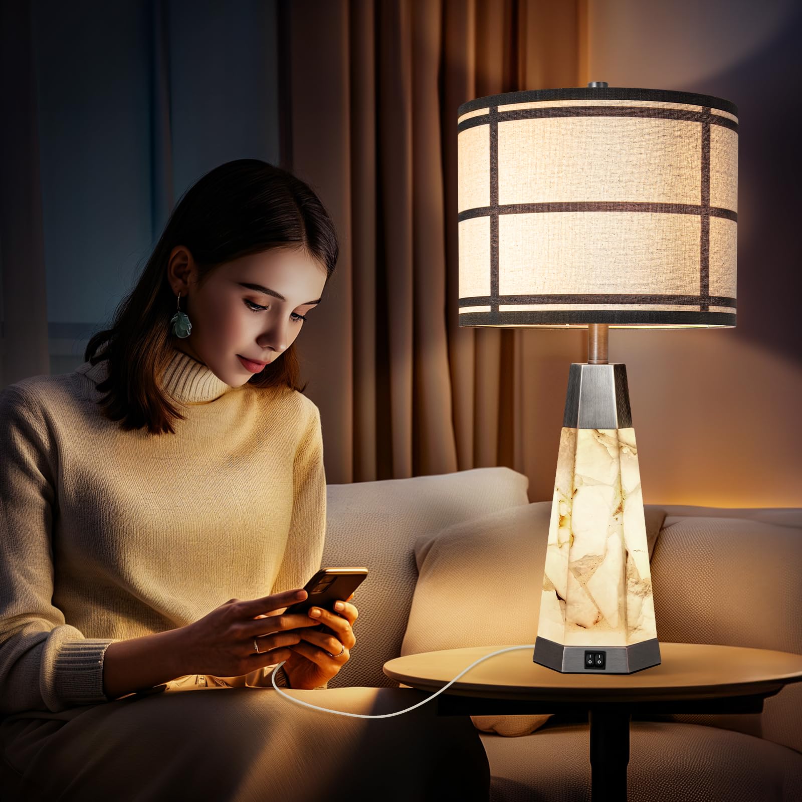 Kivditzo Natural Alabaster Table Lamps Set Of 2 With Usb Ports, Bulbs Included, Bronze