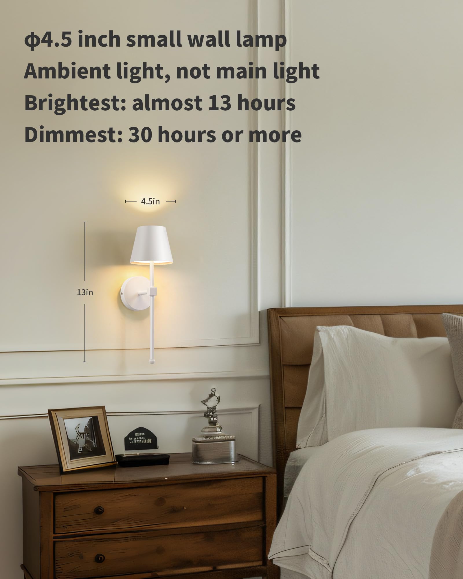 KDG Wireless Wall Sconces Set of 2, Small LED Lamps, Rechargeable 5200mAh, White Metal, Stepless Dimming, Model AMZ-TBL-036