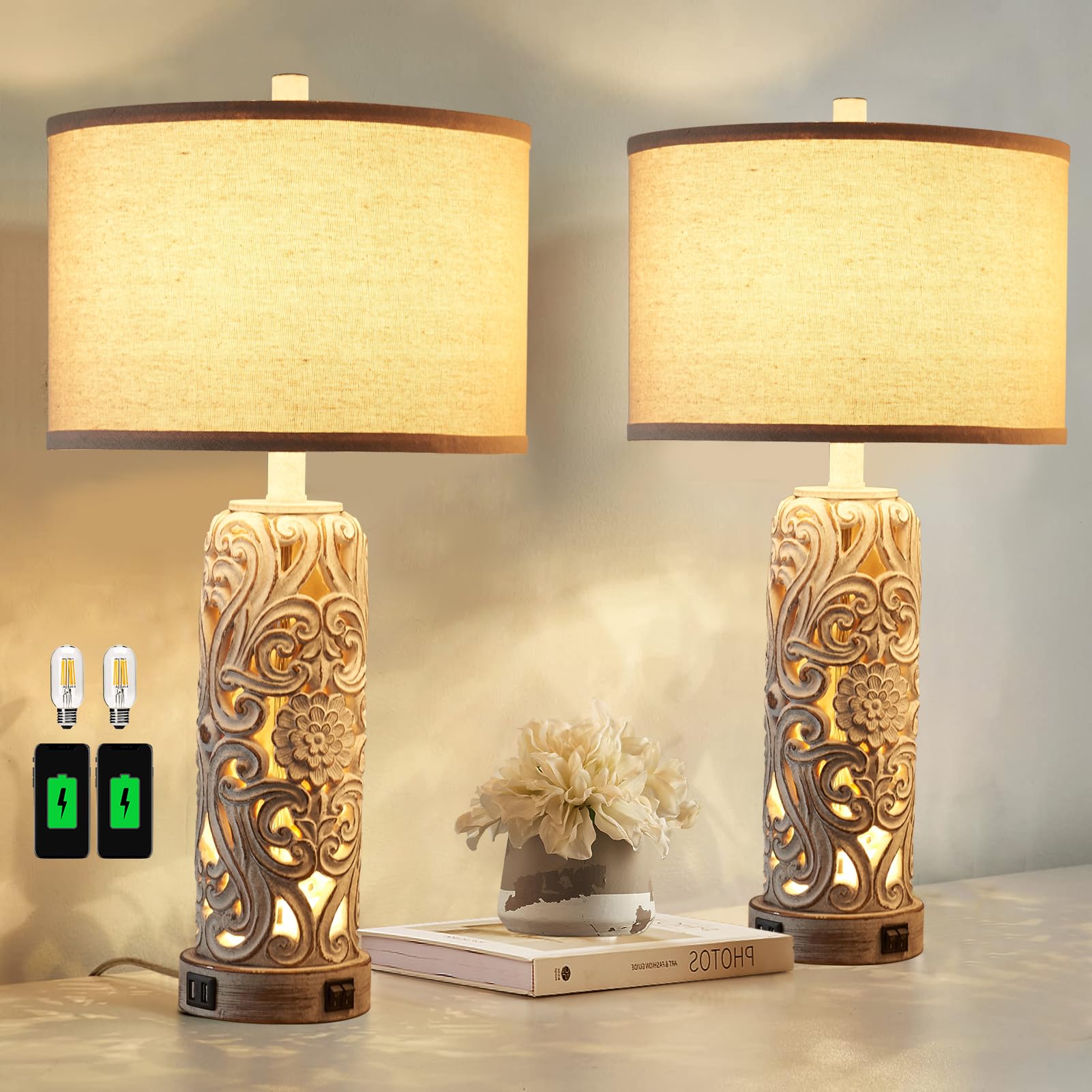 RORIANO Rustic Farmhouse Table Lamps Set of 2, Vintage Resin Nightstand Lamps with Dual USB Port, Antique White, Model LM-08889