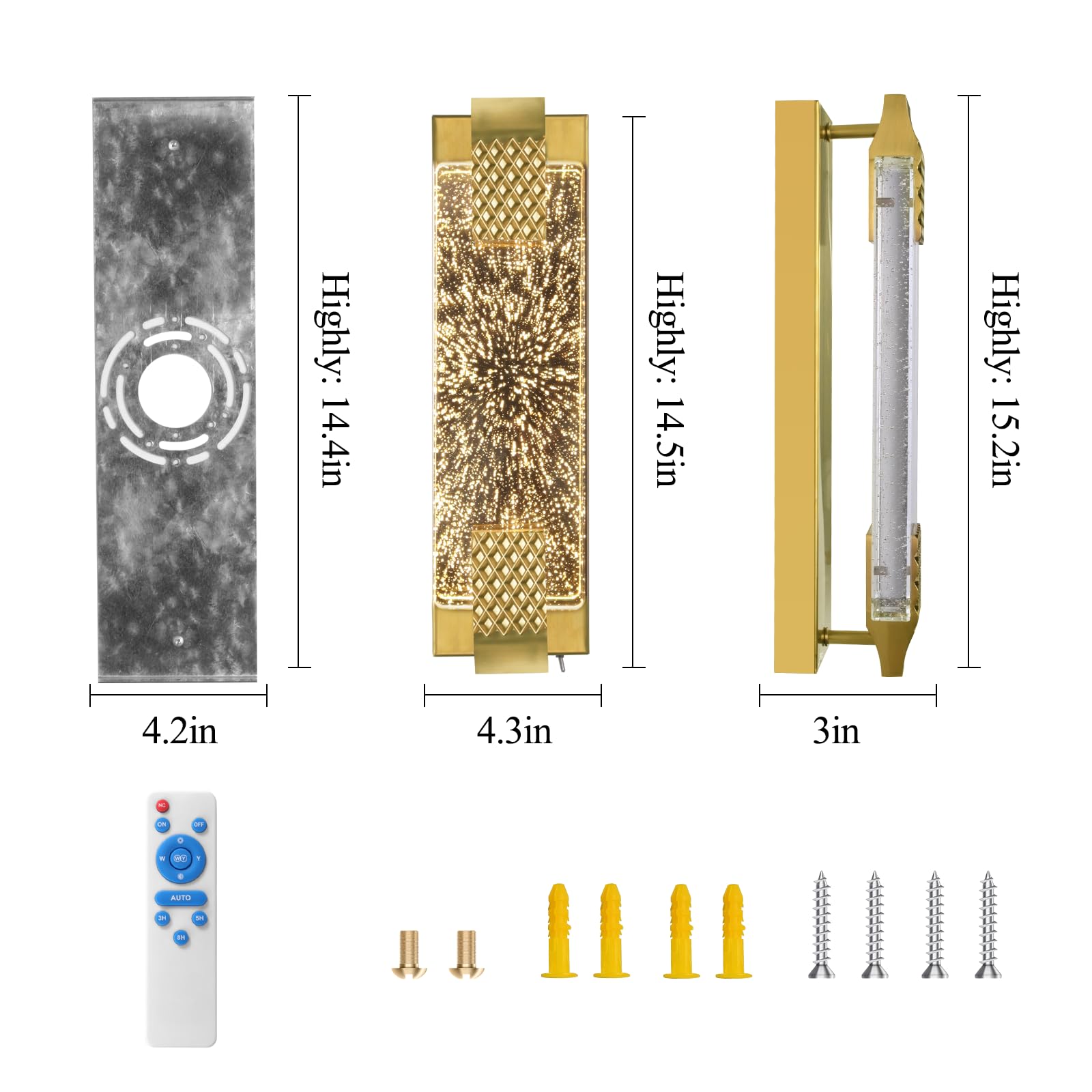 camuucci Rechargeable Battery Operated Wall Sconce, 15.2" Gold Glass Dimmable Light, Remote Control, Model SNCD, Indoor Use