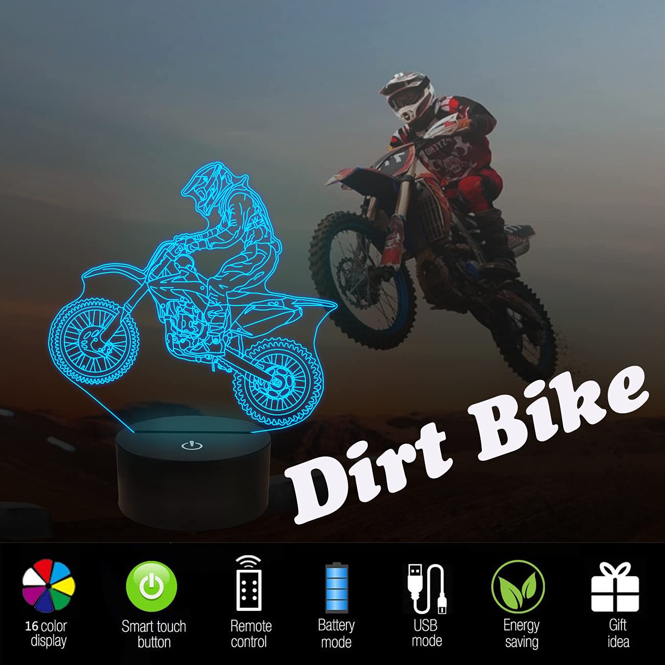 FULLOSUN 3D Night Light for Kids - Motocross Design, Remote Control, 16 Colors, Dim Function, Model FS-2810-9999, Blue-Motorcross