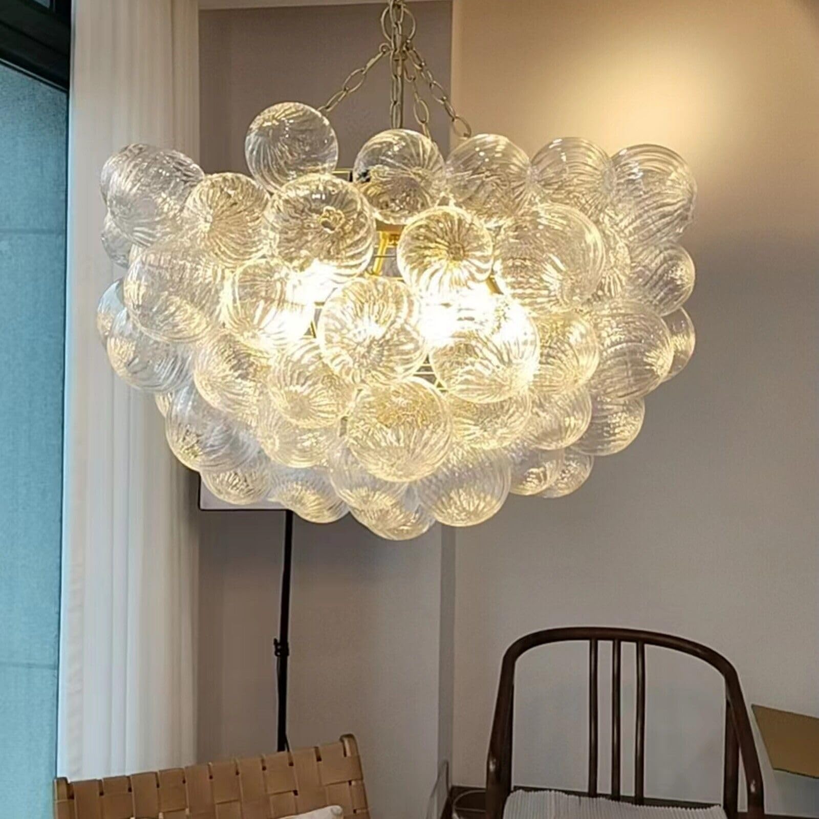BeyPan Bubble Chandelier, 32" Clear Ribbed Glass Art Deco Light Fixture, LR1507 for Living Room, Bedroom, Kitchen Island