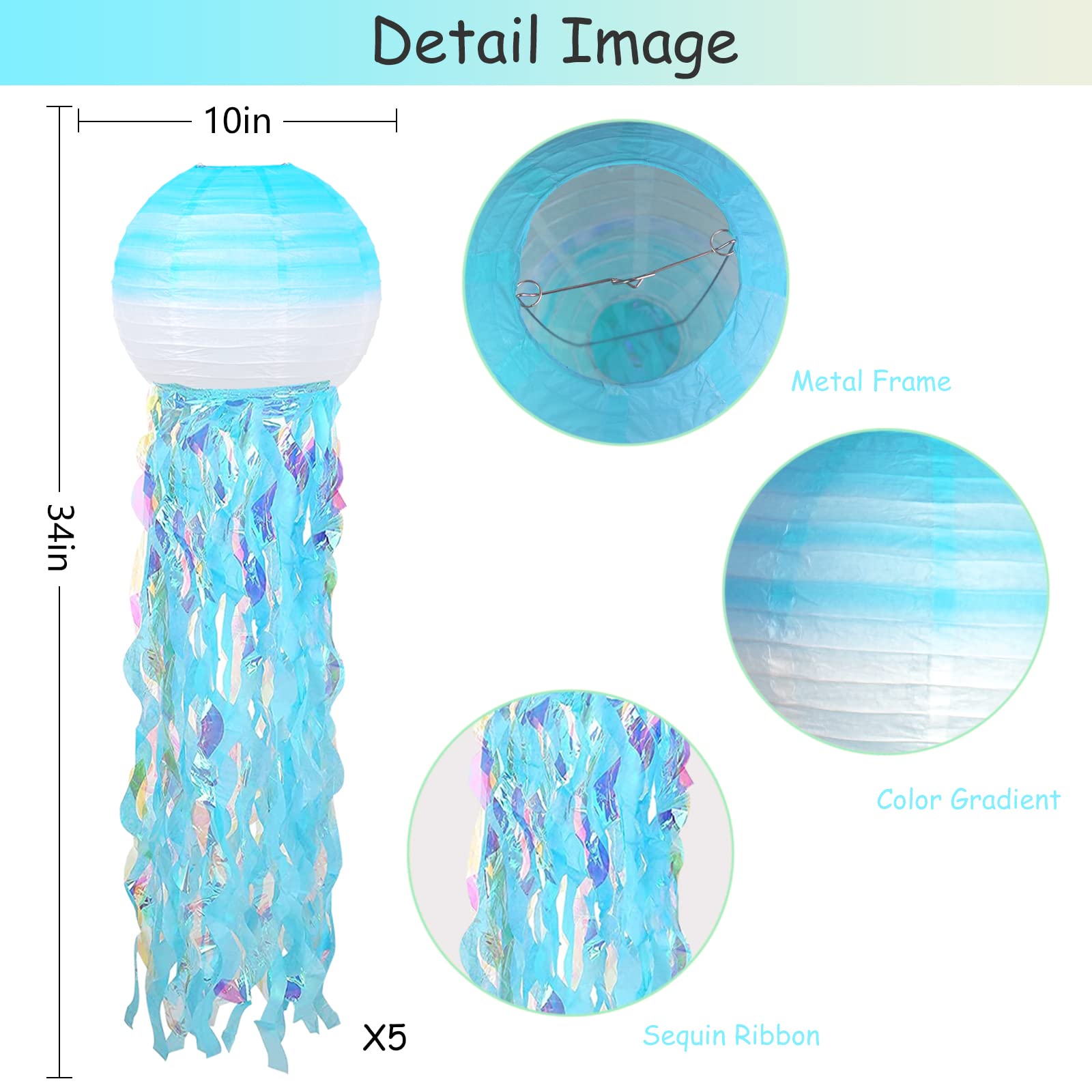 Adlkgg Hanging Jelly Fish Paper Lanterns, Gradient Colorful Blue Paper Lanterns For Mermaid Theme Party Under The Sea Ocean Birt