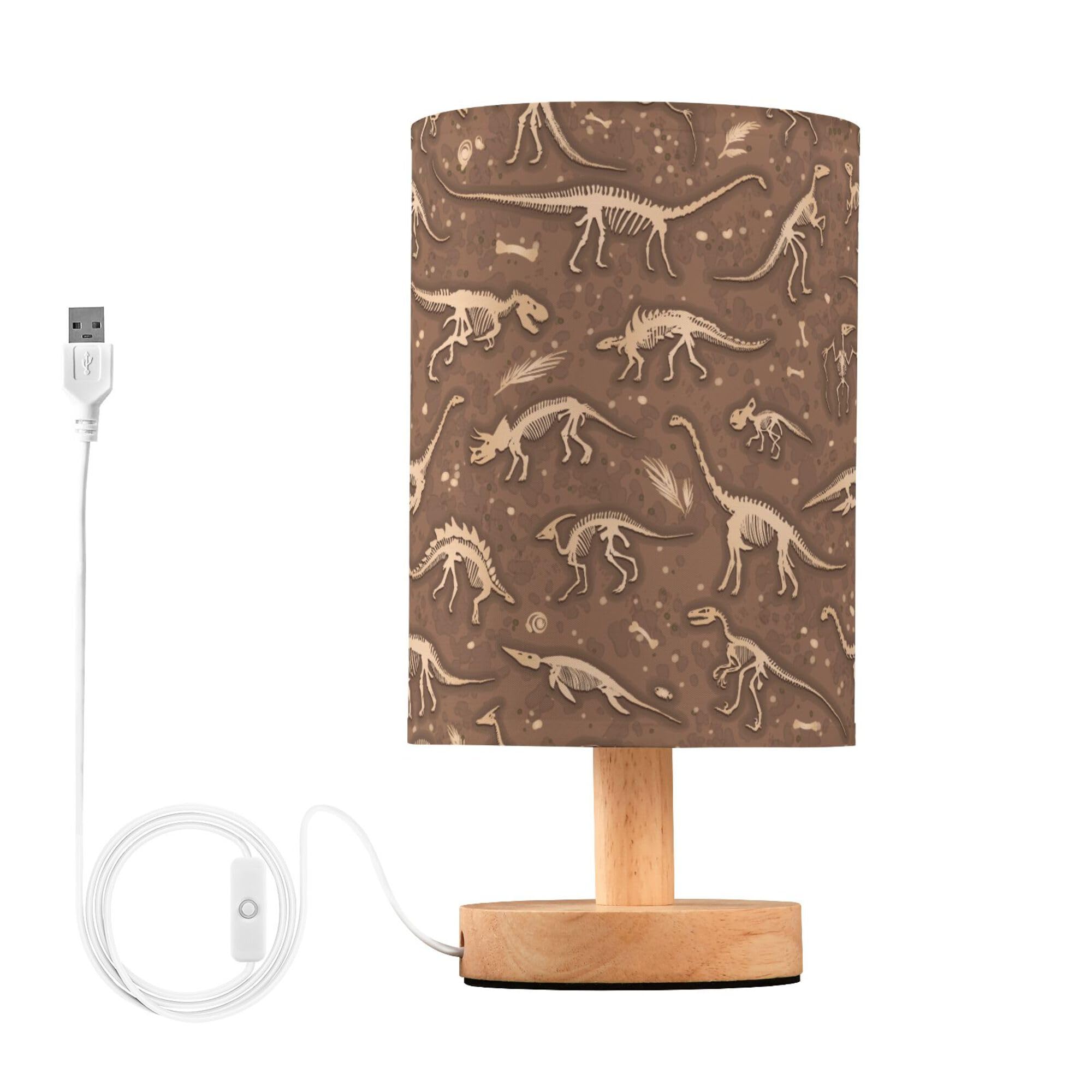 YYZZH Table Lamp Dinosaur Fossil Dino Skeletons Pattern Nightstand Lamp with Wood Base Fabric Lamp Shade Bedside Desk Lamp for L