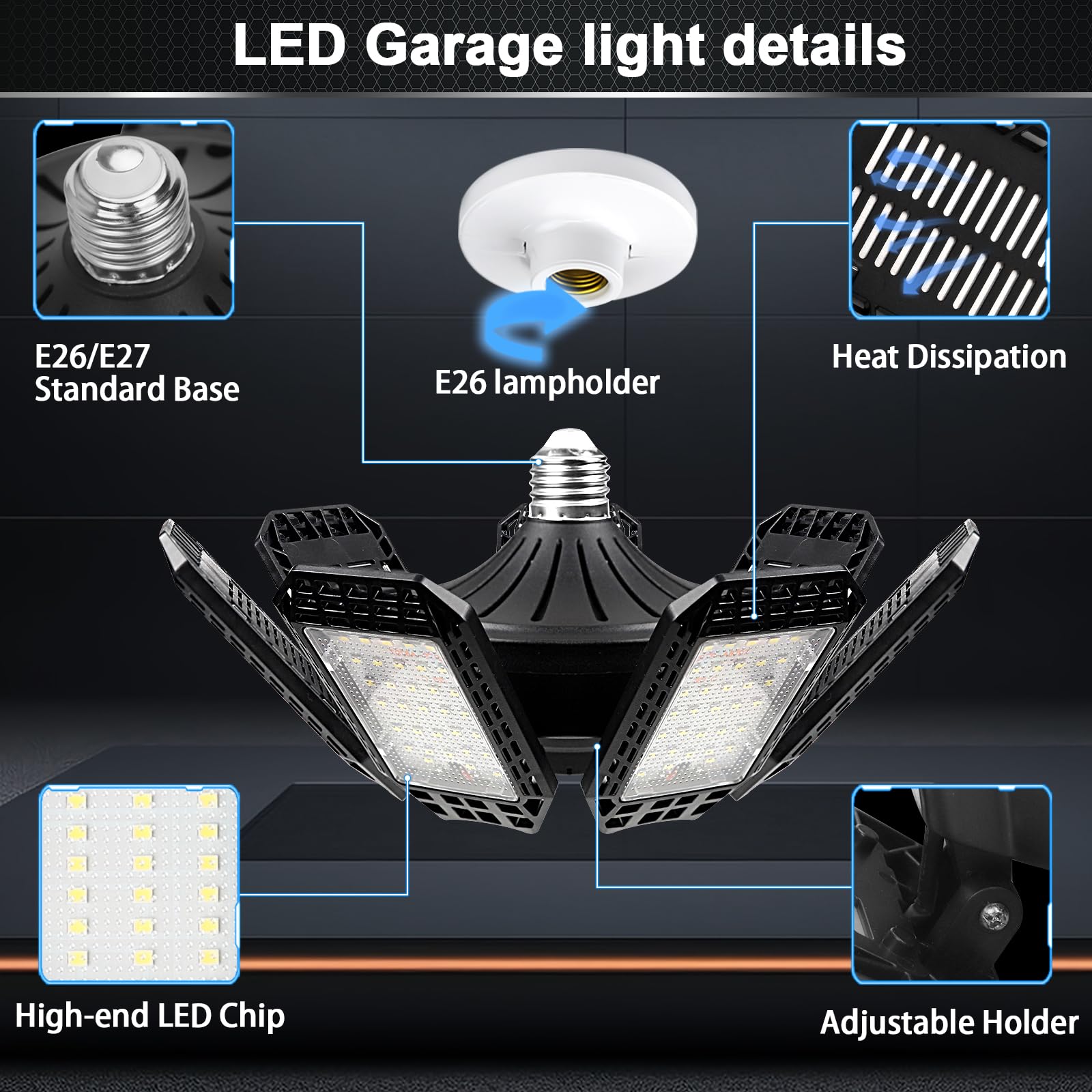 AUDLES 4 Pack LED Garage Light, 240W 24000LM, 6500K, Deformable Panels, E26/E27, White, Model 7+1LEDGarage