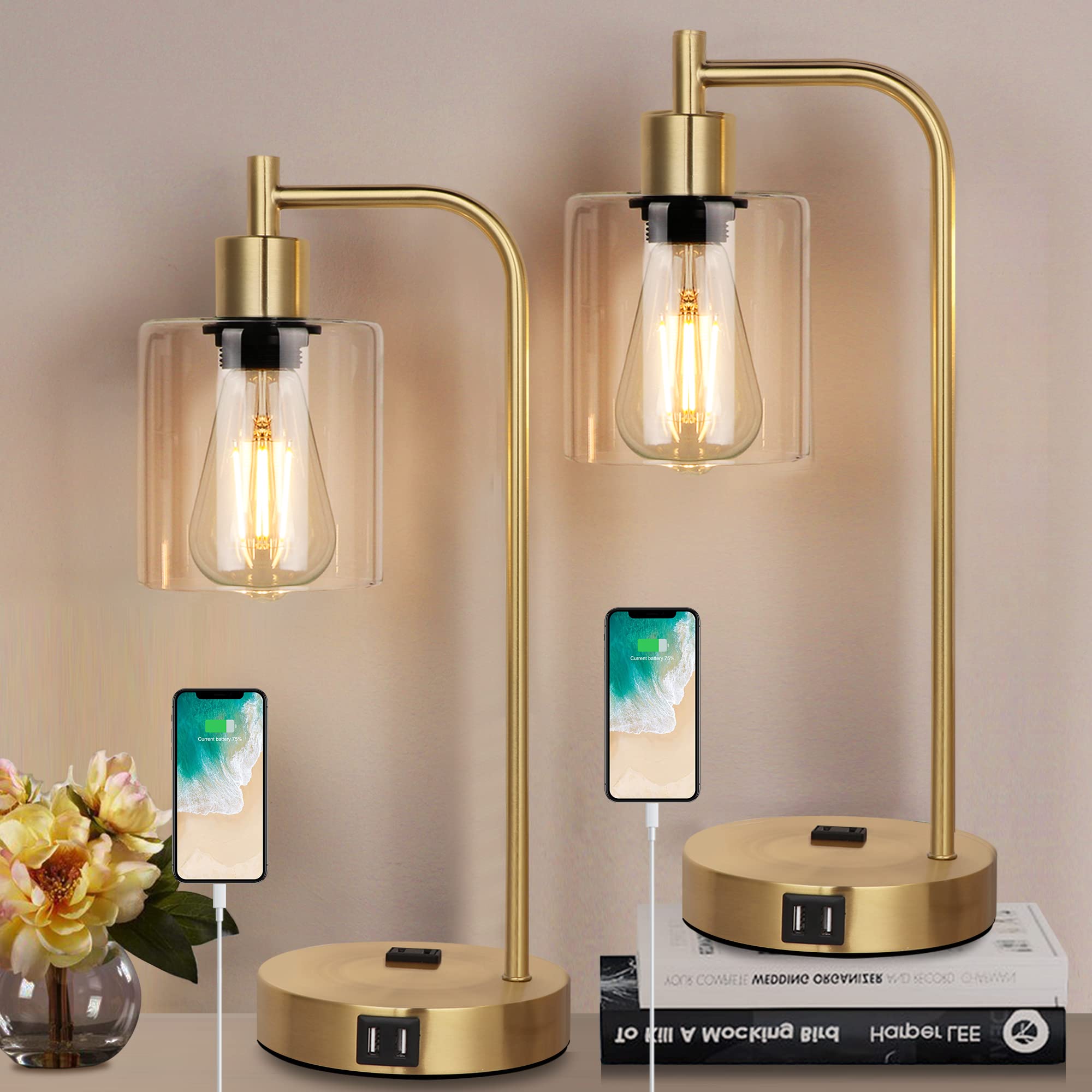 Qimh Set Of 2 Industrial Touch Control Table Lamps With 2 Usb Ports And 2 Ac Outlets, 3-Way Dimmable Bedside Nightstand Reading Lamps With 2700K Led Bulbs, Glass Desk Lamp For Living Room,Bedroom