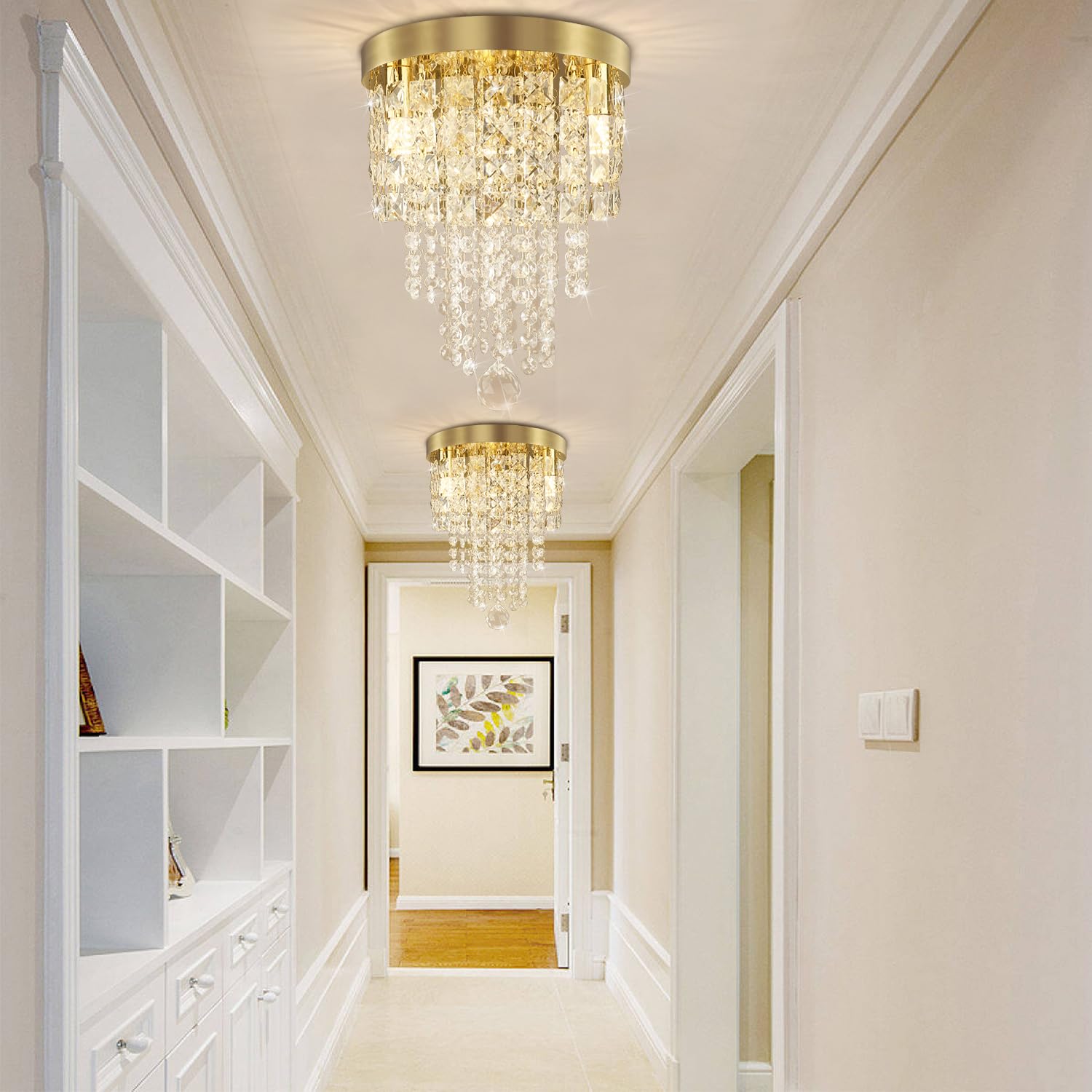 TISLYCO Mini Gold Crystal Chandelier, 3 Light Flush Mount Ceiling Light, Metal, 9.7inx11.5in, Beaded Pendant Lighting