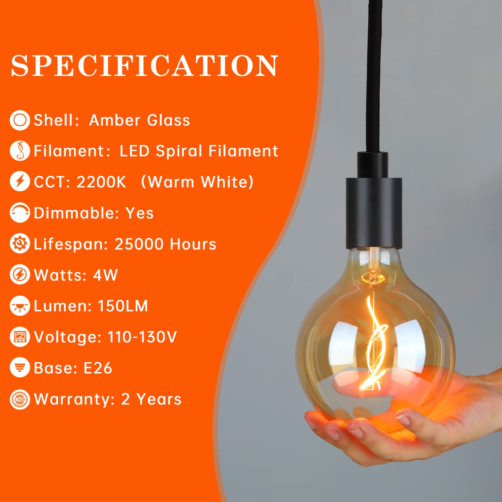 Omed G125 Amber Glass Large Oversized Dimmable Led Edison Bulb, E26 2200K Warm White Extra Big Round Vintage Light Bulbs, 4 Watt