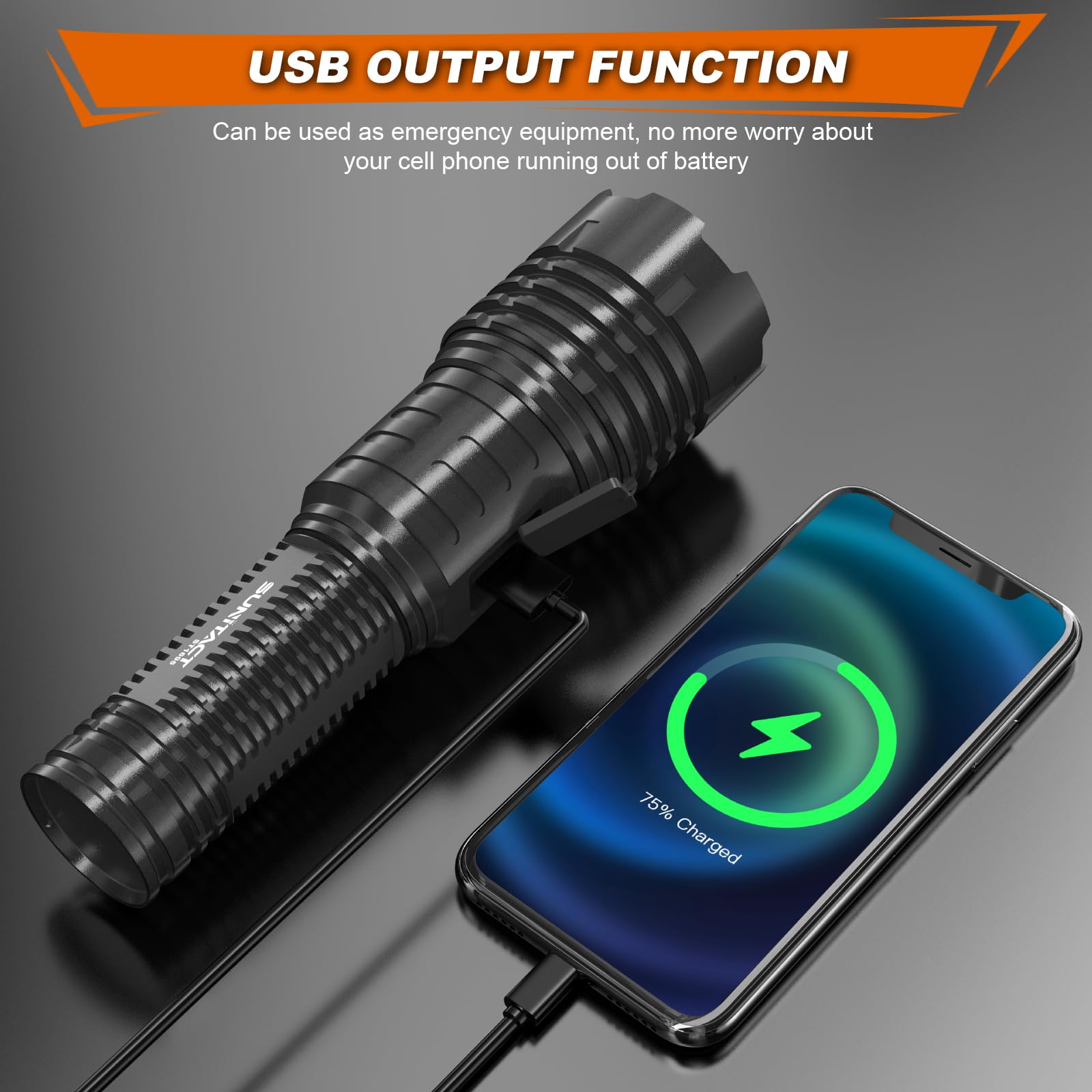 Sunitact Flashlight 2000 - Rechargeable LED, 5 Modes, Adjustable Focus, IP67 Waterproof, Black, Model US-ST1695