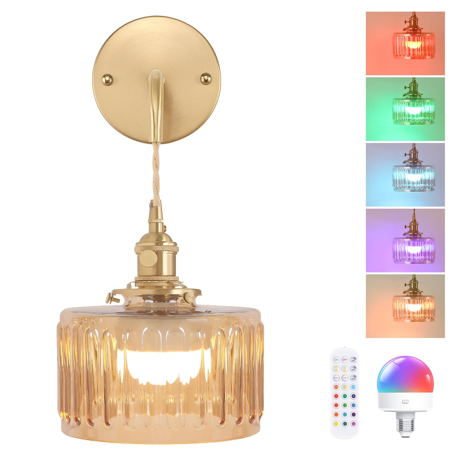 Shenmoyl Battery Operated Wall Sconce Retro Gold Amber Striped Glass 1-Pack Model 1-938