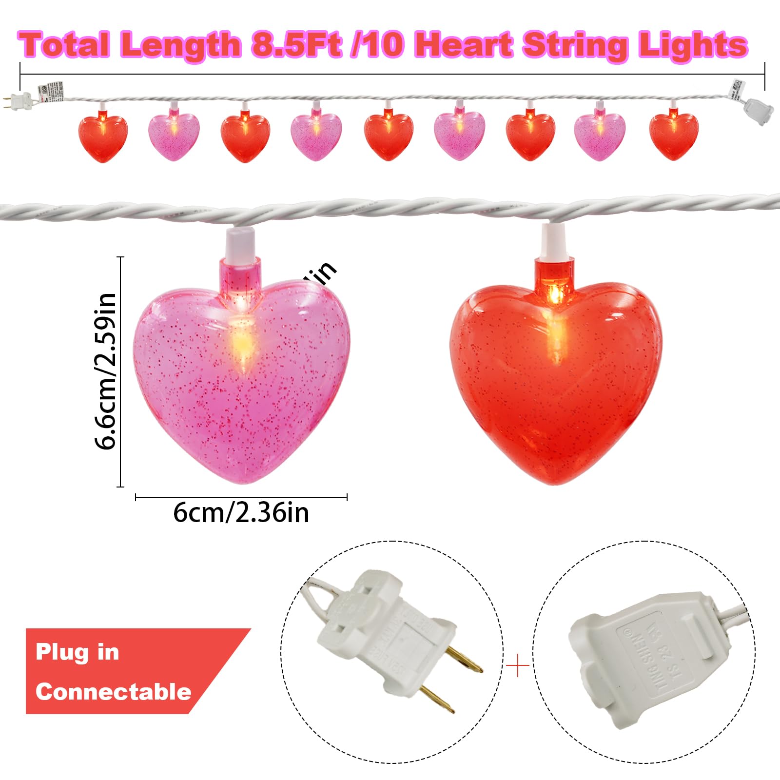 Couah Red Pink Heart LED String Lights - 8.5Ft Plug-in Fairy Lights for Valentine's Day, Indoor/Outdoor Decor, 10 3D Heart Lights