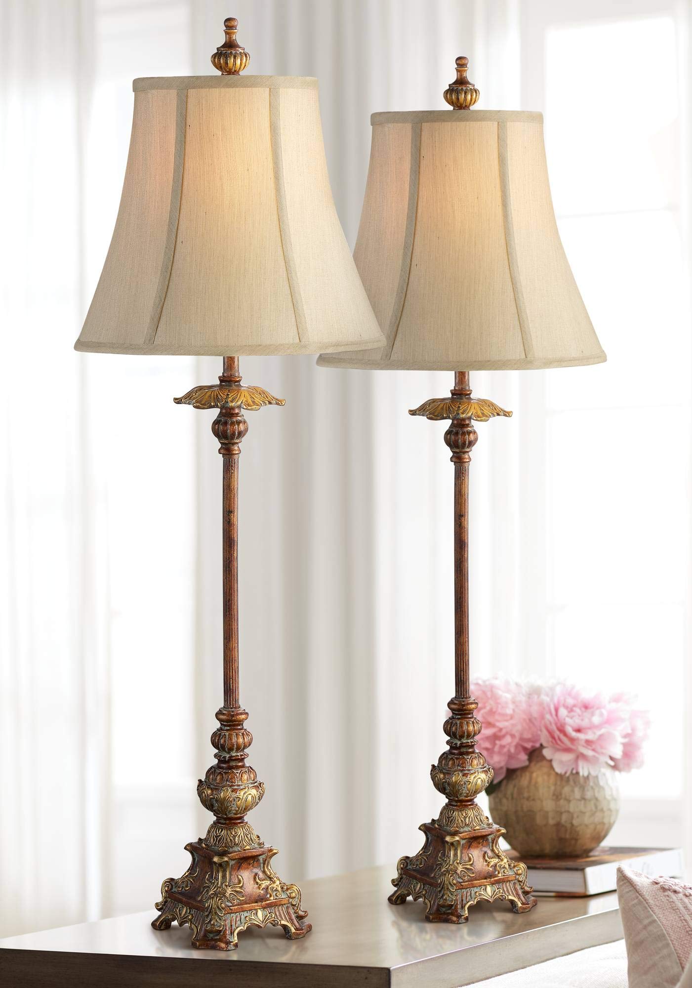 Regency Hill Juliette 36 1/2 Tall Skinny Large Buffet Traditional End Table Lamps Set Of 2 Brown Light Bronze Finish Fabric Shad