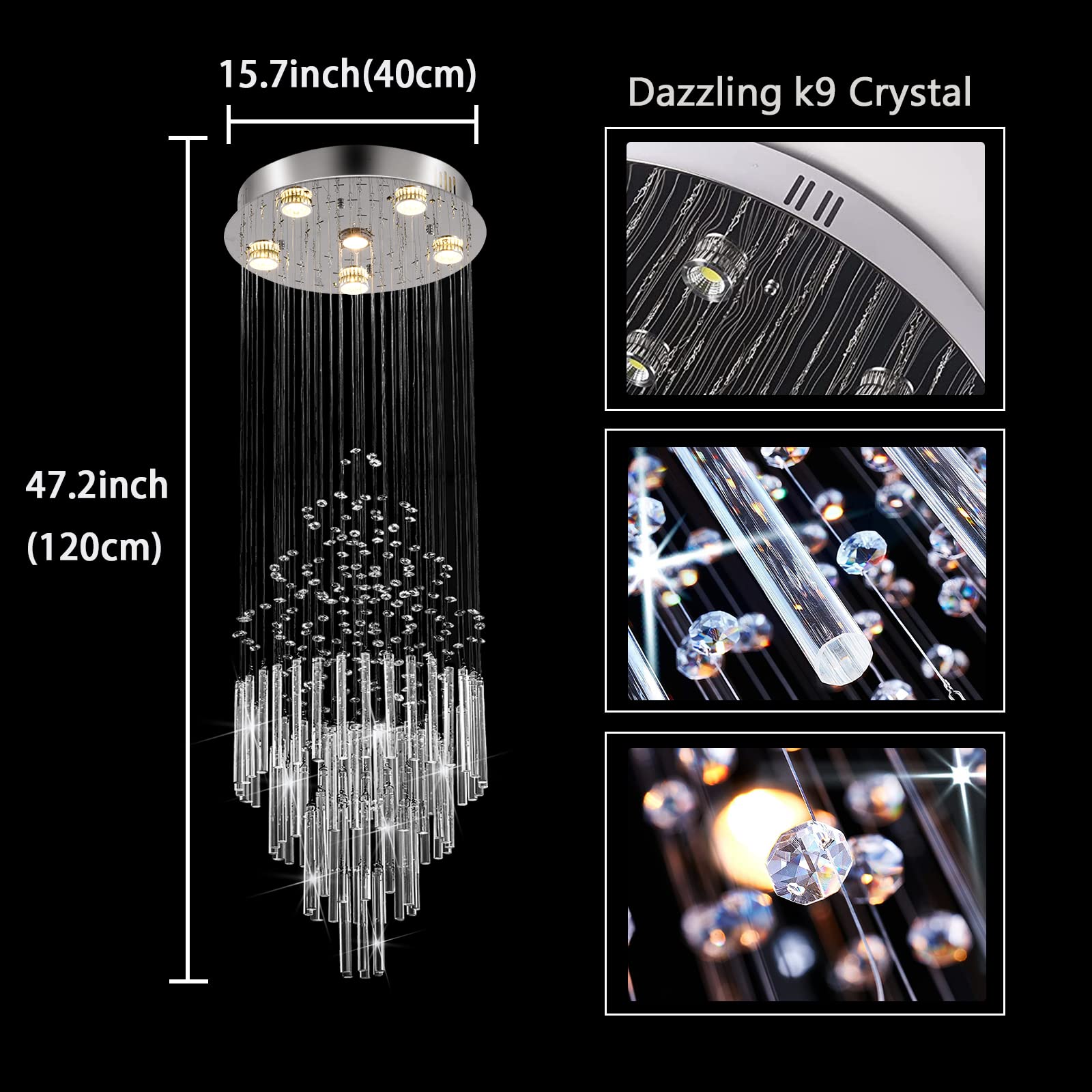 CRYSTOP 6-Light Modern Raindrop Crystal Chandelier, High Ceiling Pendant Light, Silver, 15.7" x 47.2"
