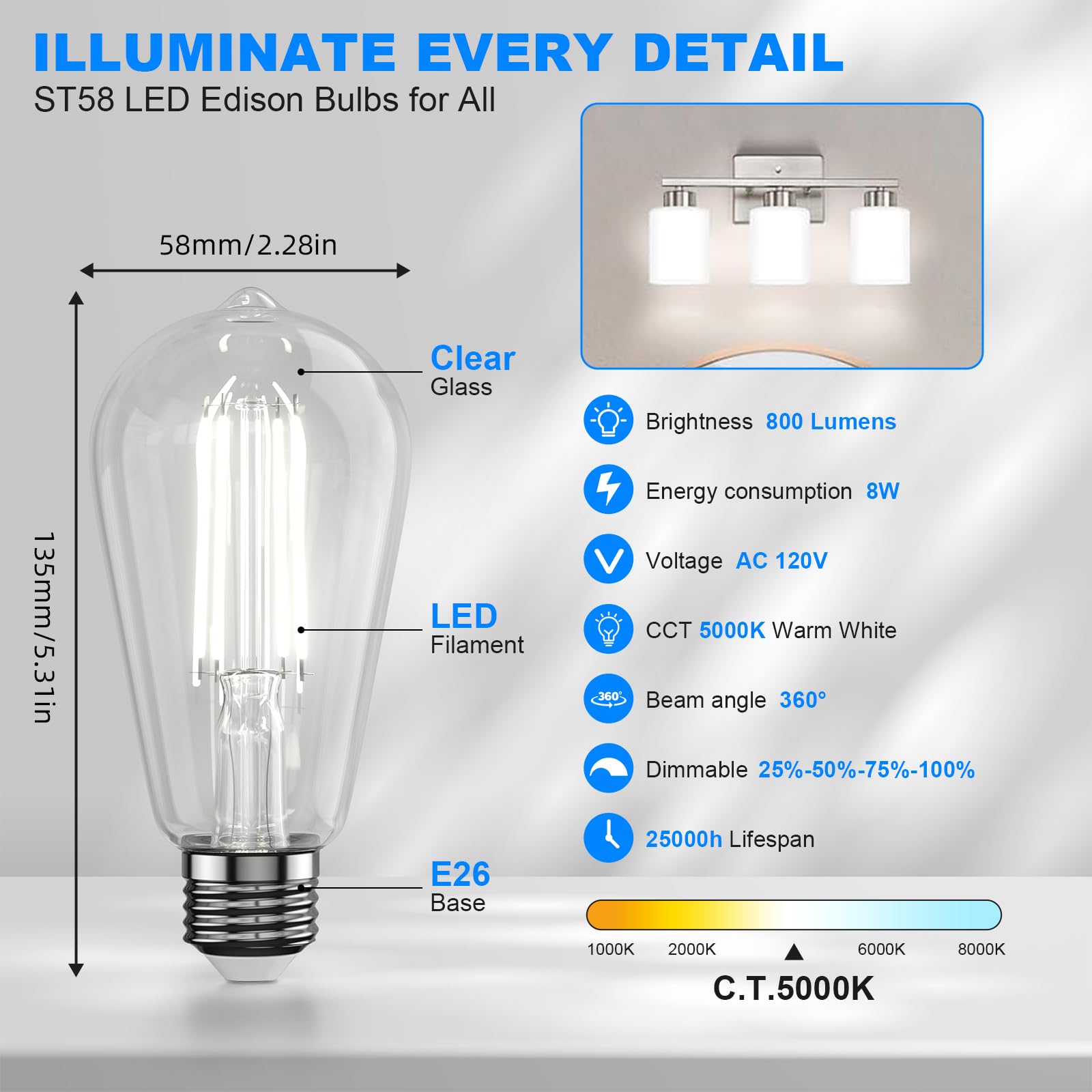 Kawaya E26 Led Edison Bulbs: 6-Pack 8W Equivalent 80W Dimmable Led Bulbs - Vintage St58 5000K Daylight White - 800 Lumens High B