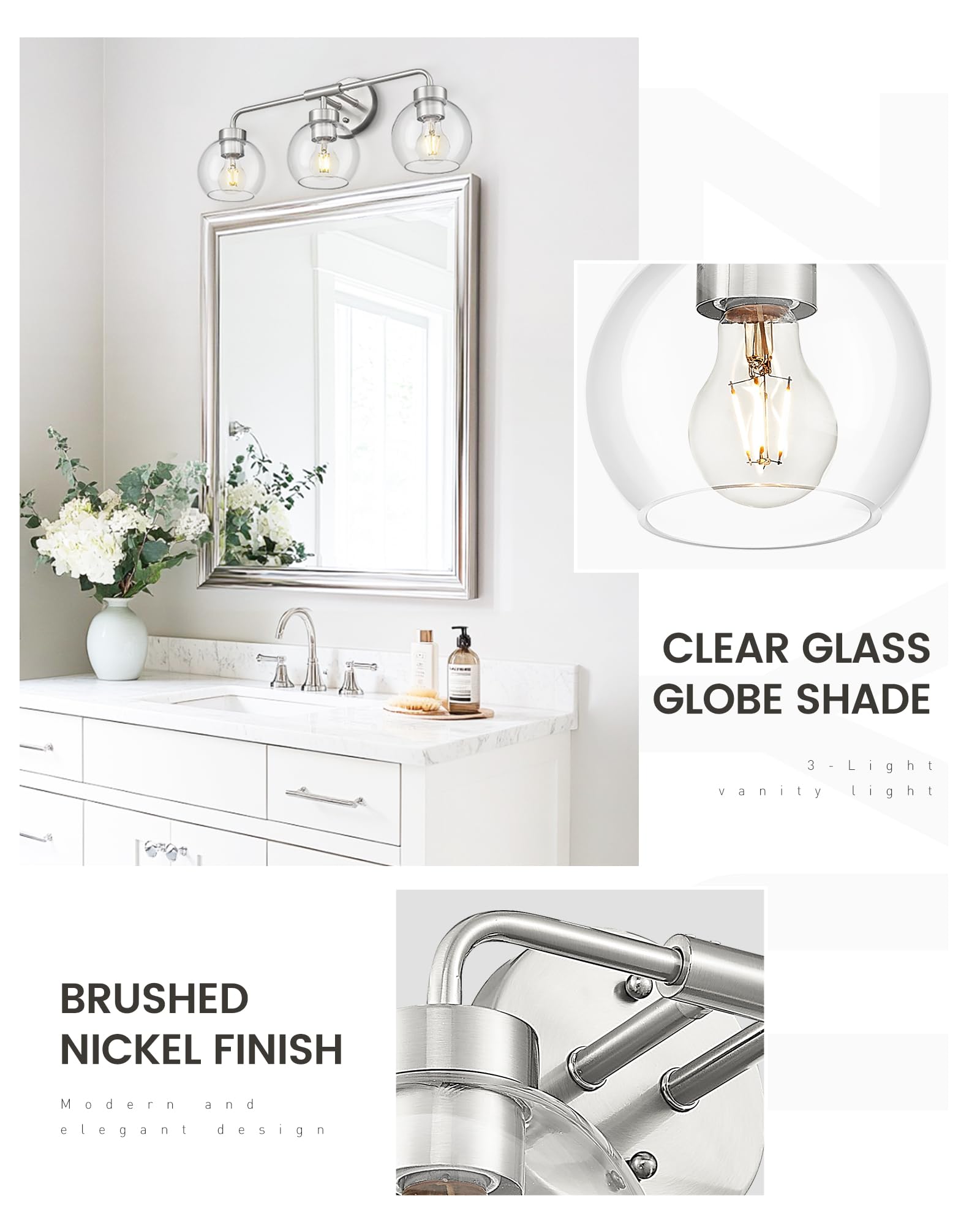 Zeyu 23 Inch Bathroom Wall Light Fixtures  3-Light Vanity Lighting Fixture  Brushed Nickel Finish With Clear Glass Globe Shade  Zs62Bg-3W Bn