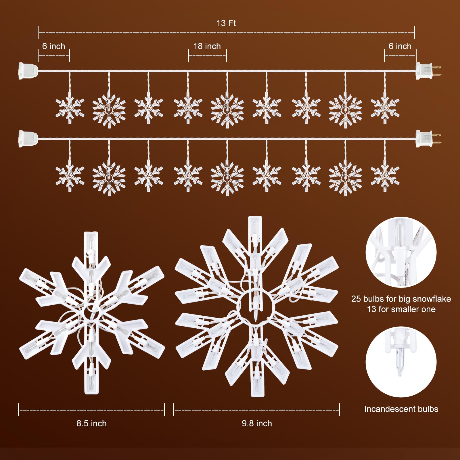 Snowflake Christmas String Lights With 9 Drops - 13Ft 150 Mini Bulb Icicle Lights With Hooks, Plug-In Connectable Hanging Lights