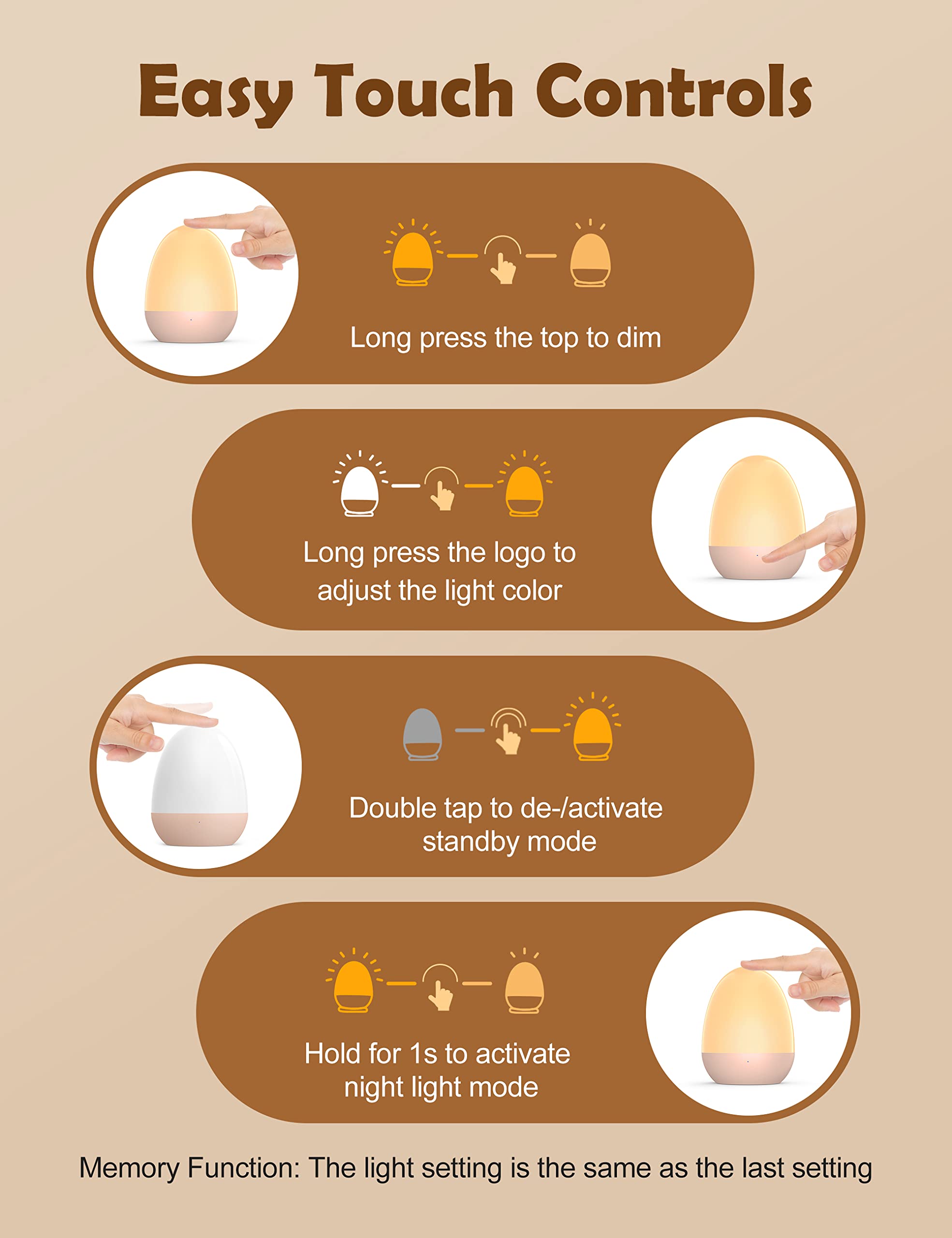 JolyWell Night Lights for Kids with Stable Charging Pad, Touch Control&Timer Setting, ABS+PC Baby Egg Lamp for Breastfeeding,Pin