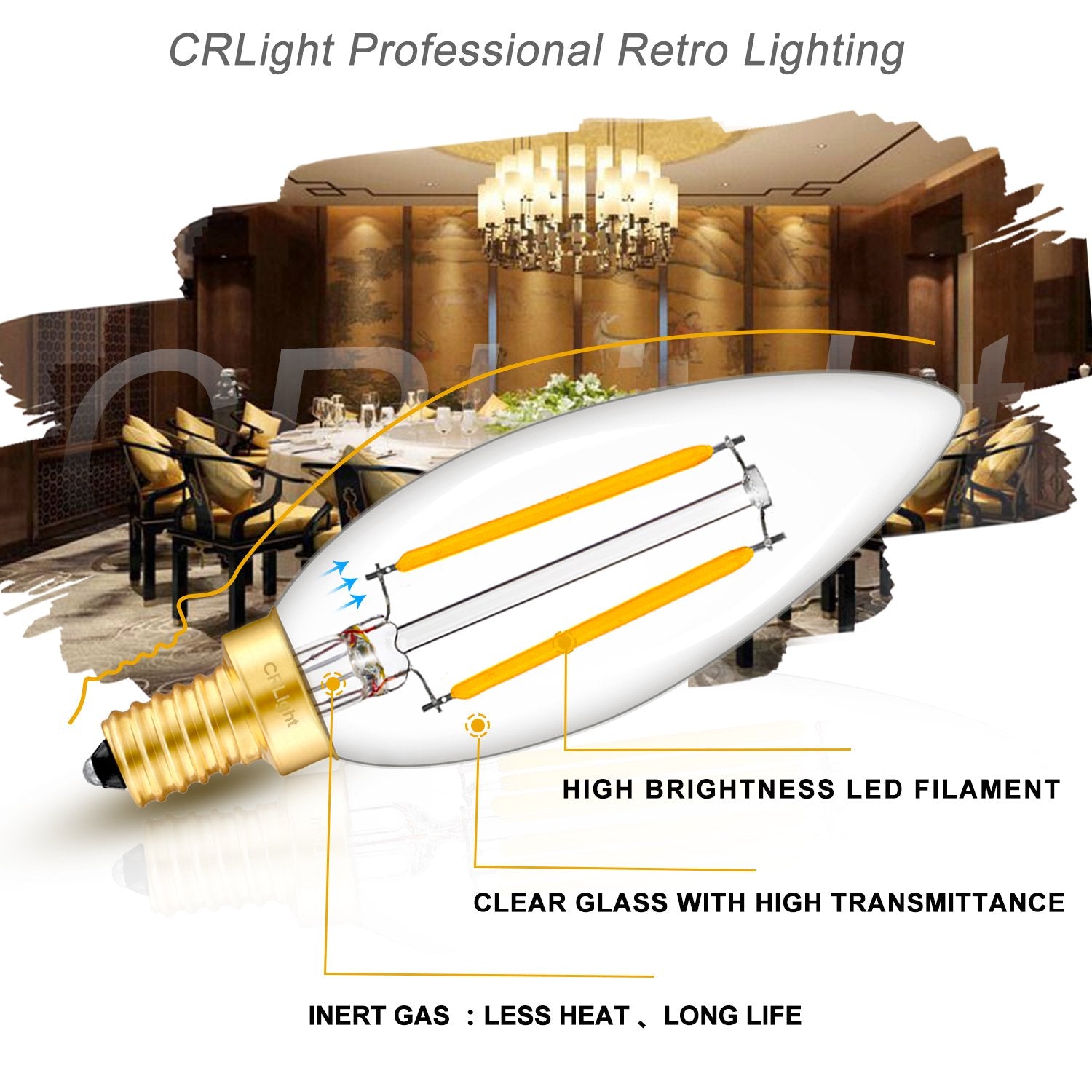 Crlight 2W Led Candelabra Bulb, 2700K Warm White, E12 Base, Dimmable,