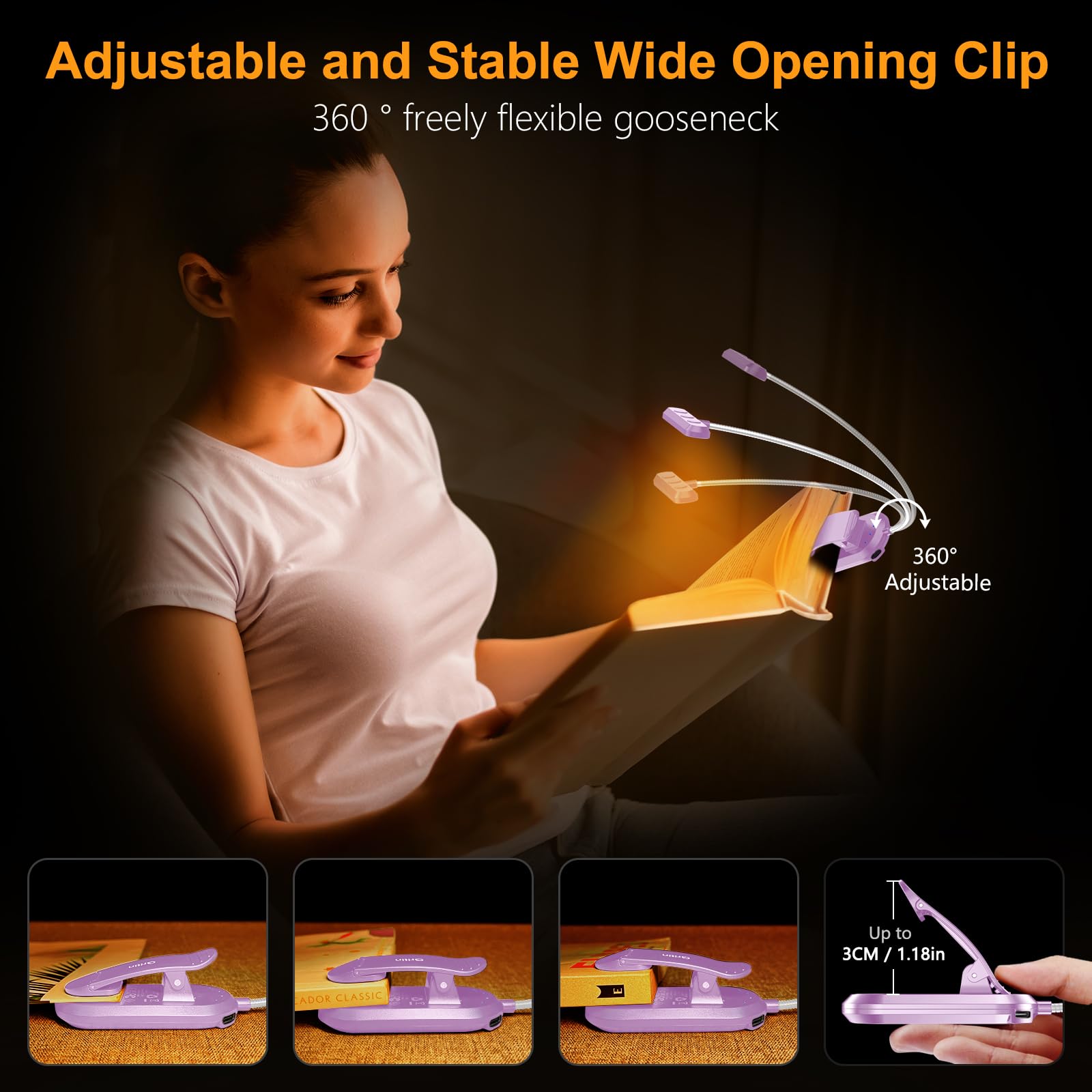 Gritin Rechargeable Book Light - 19 LED, 3 Color Temperatures, 5 Brightness Levels, Flexible Goose Neck, Model G1321, Purple