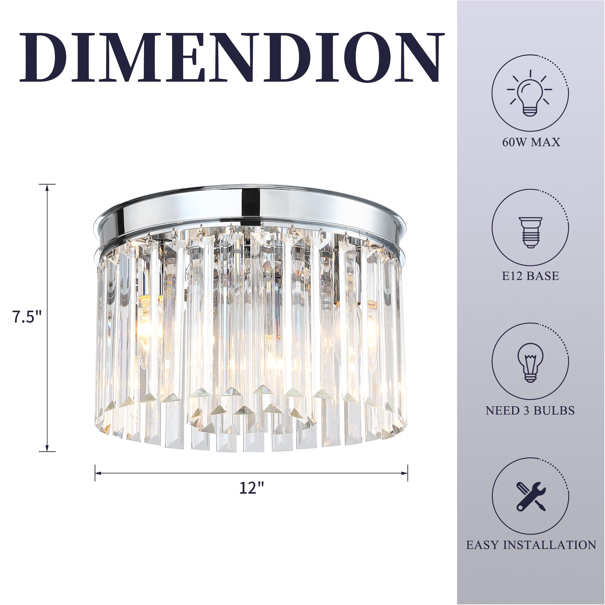 Klklch Chrome Ceiling Light Fixture,12 Inch Flush Mount Ceiling Light,Modern 3 Lights Crystal Chandelier Lighting For Living Roo