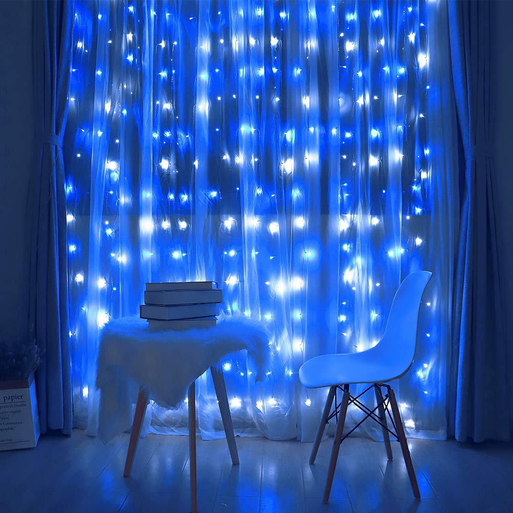 HEYFUNi Curtain Lights, 304LED, 9.8ft x 9.8ft, 30V, 8 Modes, Blue+White, Indoor/Outdoor Decorations
