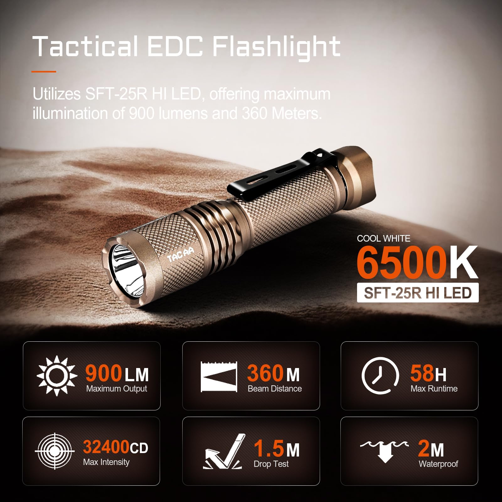 ACEBEAM TAC AA 2.0 Flashlight - 900 Lumens, 360m Range, Aluminum, Desert Color, Rechargeable, 6 Modes, EDC Mini for Camping & Home