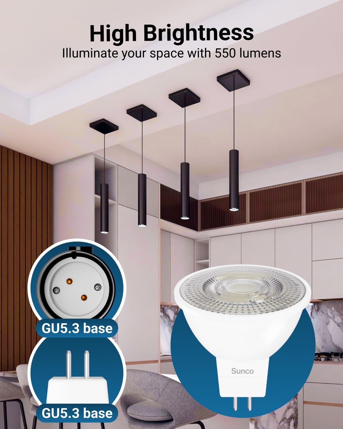 Sunco MR16 LED Light Bulb 5W=50W Dimmable 500 LM 3000K Warm White 6 Pack GU5.3 Base Model MR1653-3000