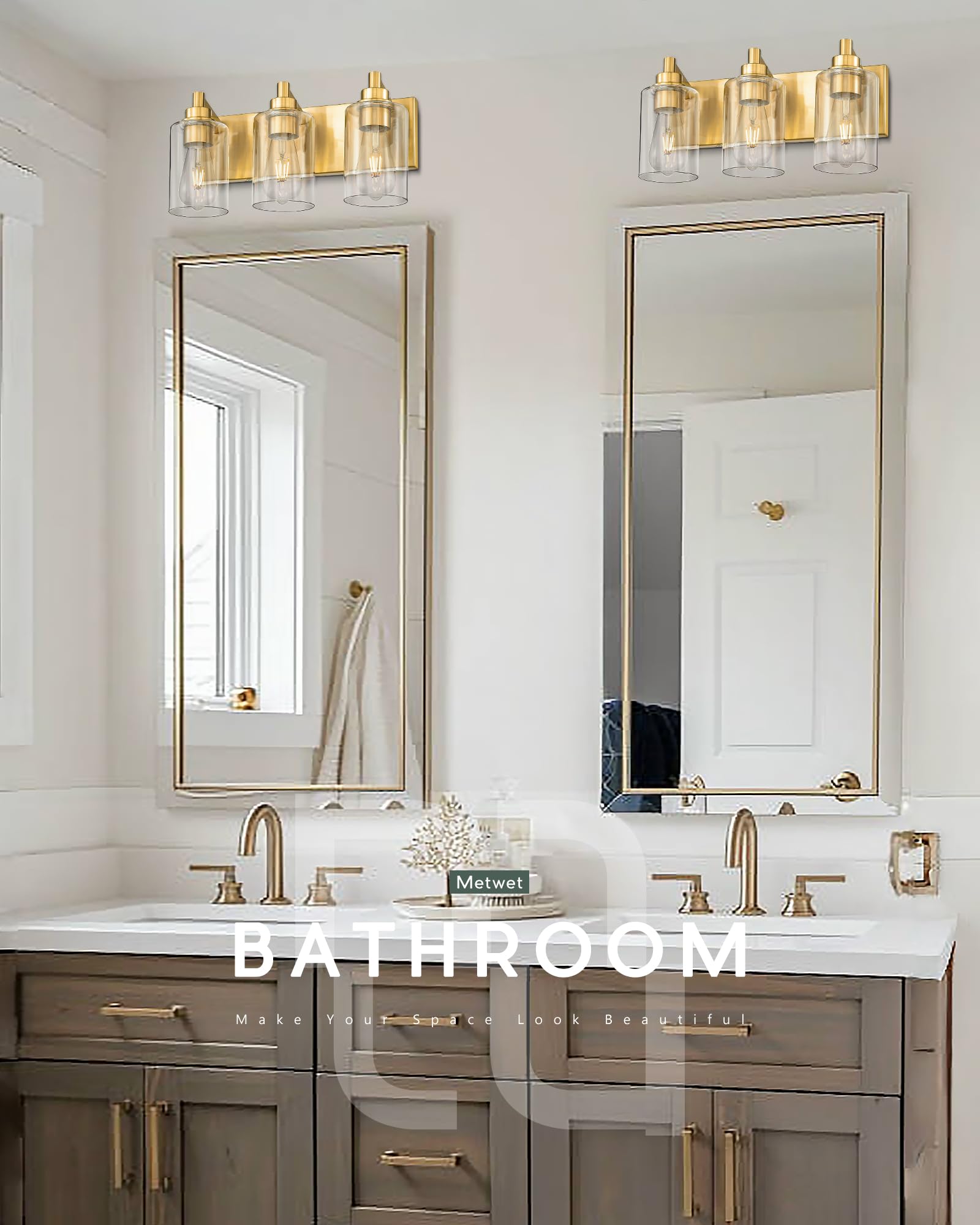 Metwet 3-Light Brushed Gold Bathroom Light Fixture, Modern Metal Vanity Lighting With Clear Glass Shade, Model Vl143-Bg-3