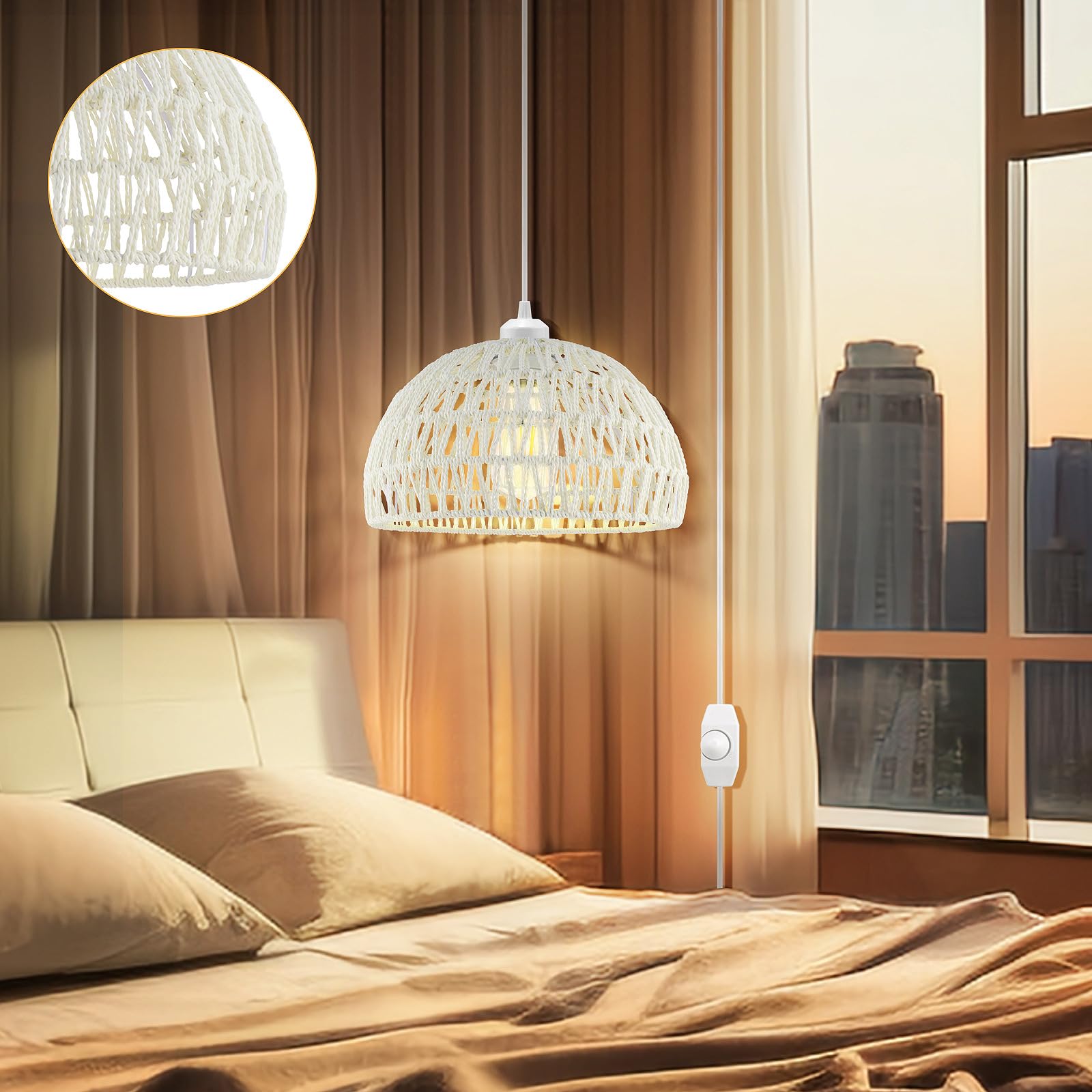 SLYYMY Plug-in Pendant Light, 15FT Hemp Rope Cord, Cream Wicker Lampshade, Industrial Ceiling Fixture, Model SPEL-0011C