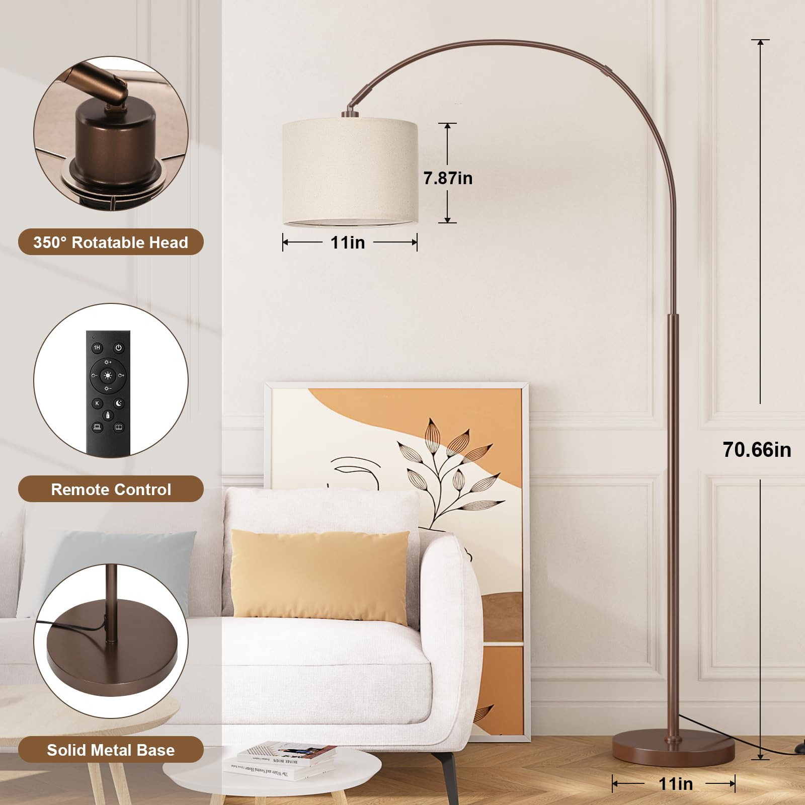 Ambimall Dimmable Arc Floor Lamp with Remote, Metal, 70.66in H x 27.95in W x 11in D, Deep Beige and Brown