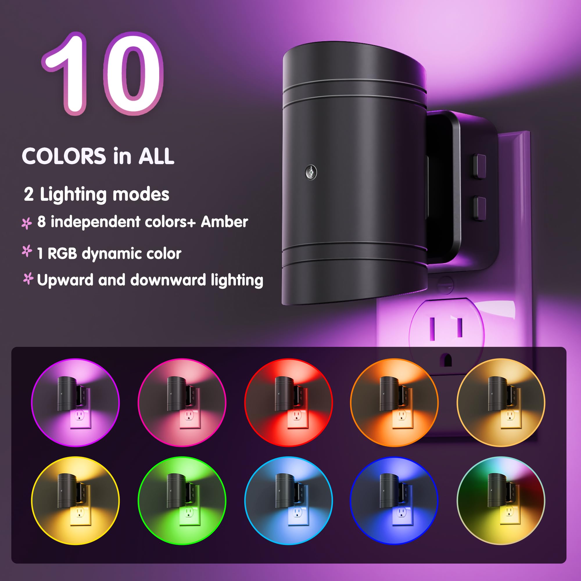 L Lohas Led Night Light, 2 Pack,10-Color Changing Night Light For Kids,180 Rotatable Plug Rgb Nightlight, Led Plug In Wall Light