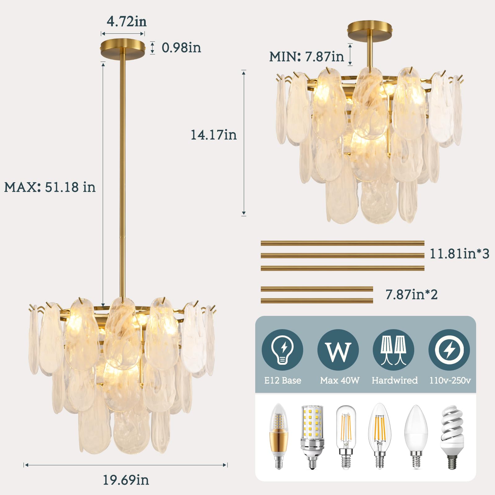 Modern Gold Cloud Glass Chandeliers, 19.68 Inches Creative Crystal Pendant Ceiling Fixture, 2 Tier Luxury Height Adjustable Chan