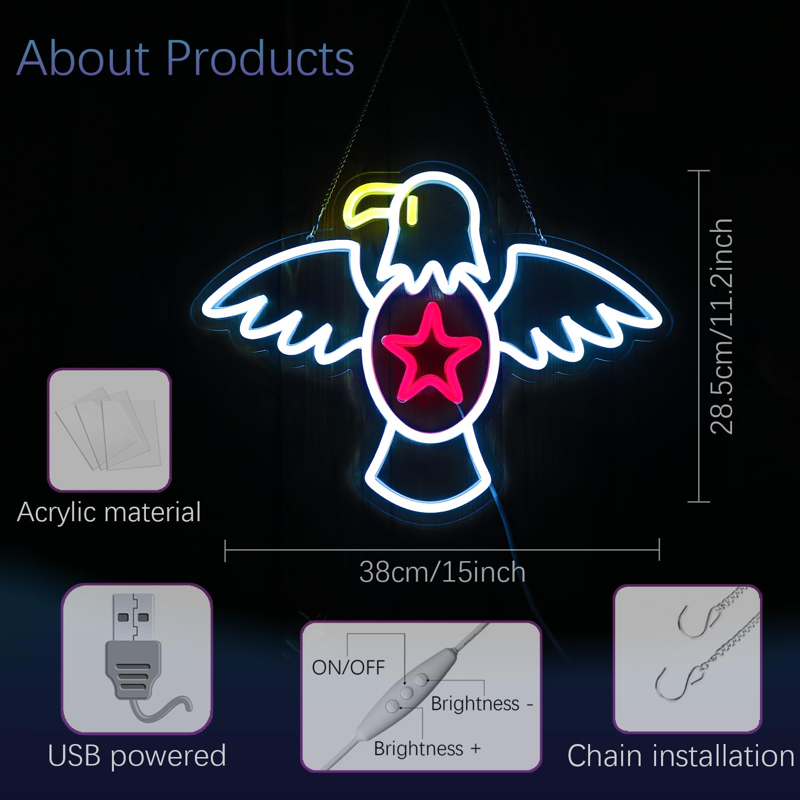 Eagle Neon Sign, Patriotic Decorations Neon Light Wall Decor for Man Cave, Bedroom, Living Room, Birthday Party Decorations Dimm