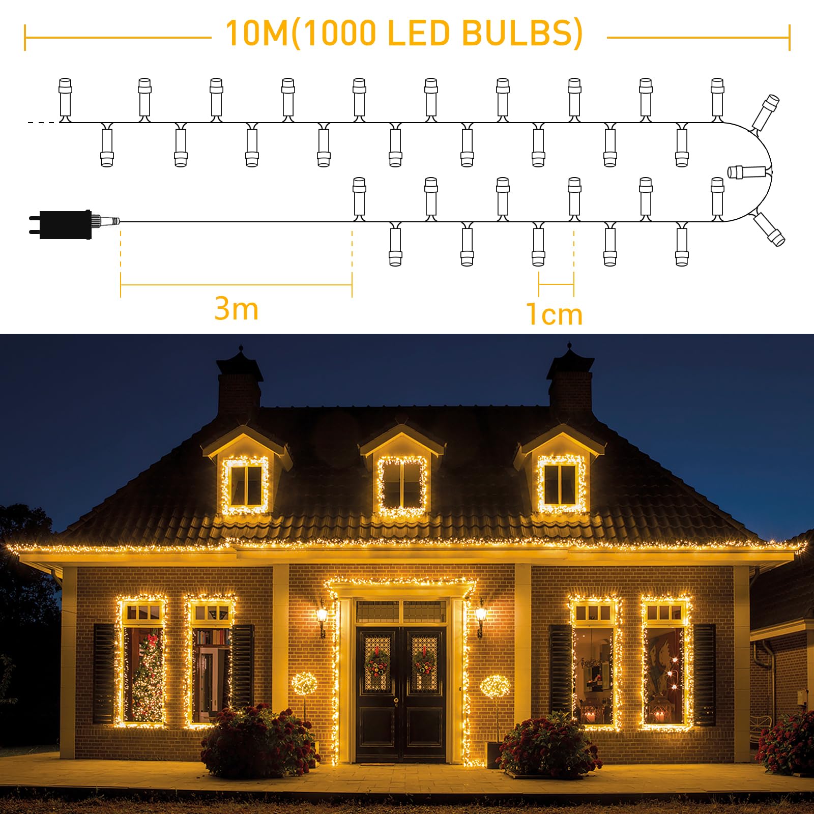 Areker Christmas Cluster Lights 1000Led Warm White Christmas Tree Lights 33Ft 8 Modes&Memory Function With Dark Wire  Waterproof Christmas String Lights Outdoor Indoor Garden Wedding